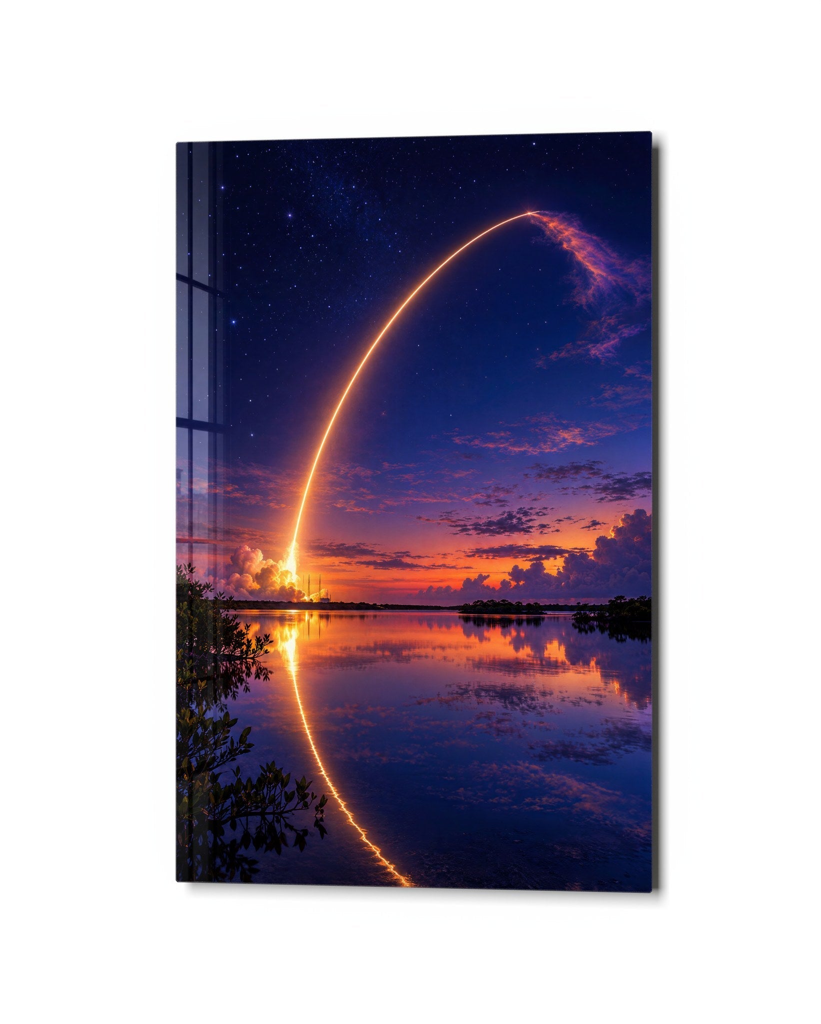 Lift-Off at Twilight glass wall art by Artdesigna, studio view
