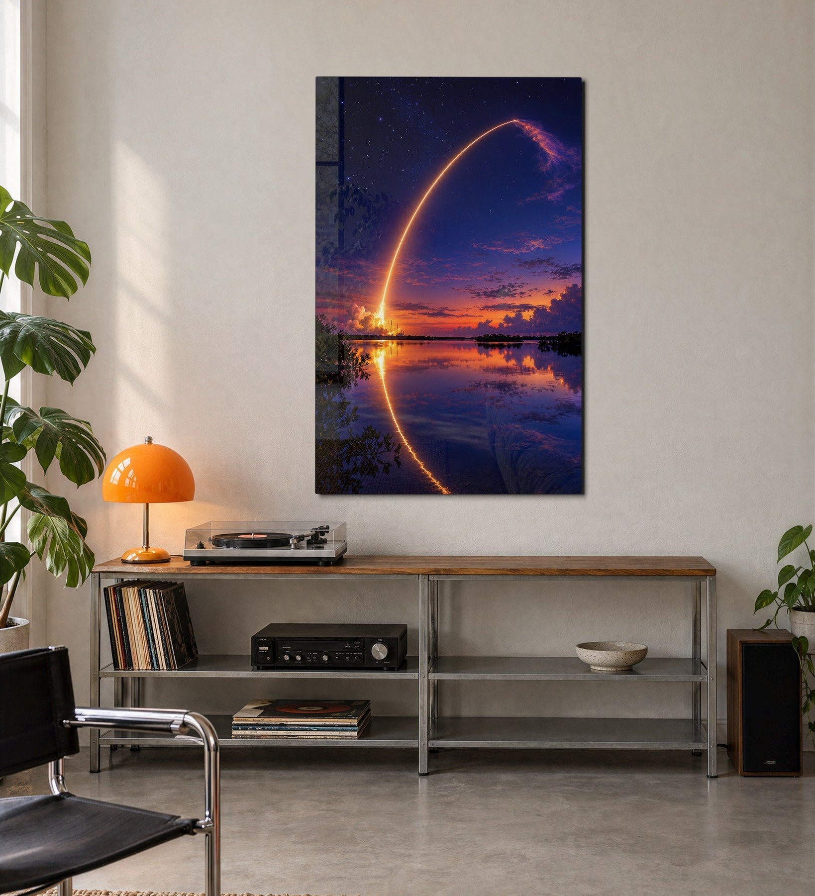 Artdesigna glass wall art titled "Lift-Off at Twilight" featuring a vibrant, colorful abstract design displayed on a modern wall.