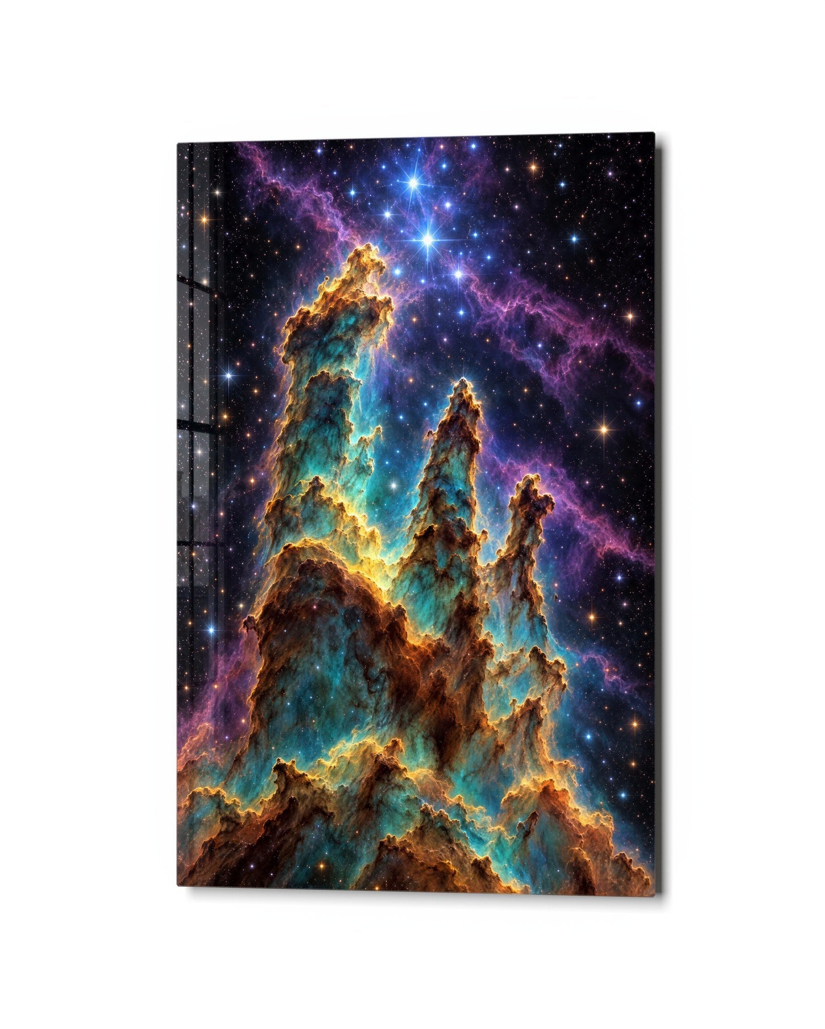 Dust Towers, Blue Stars glass wall art by Artdesigna, studio view
