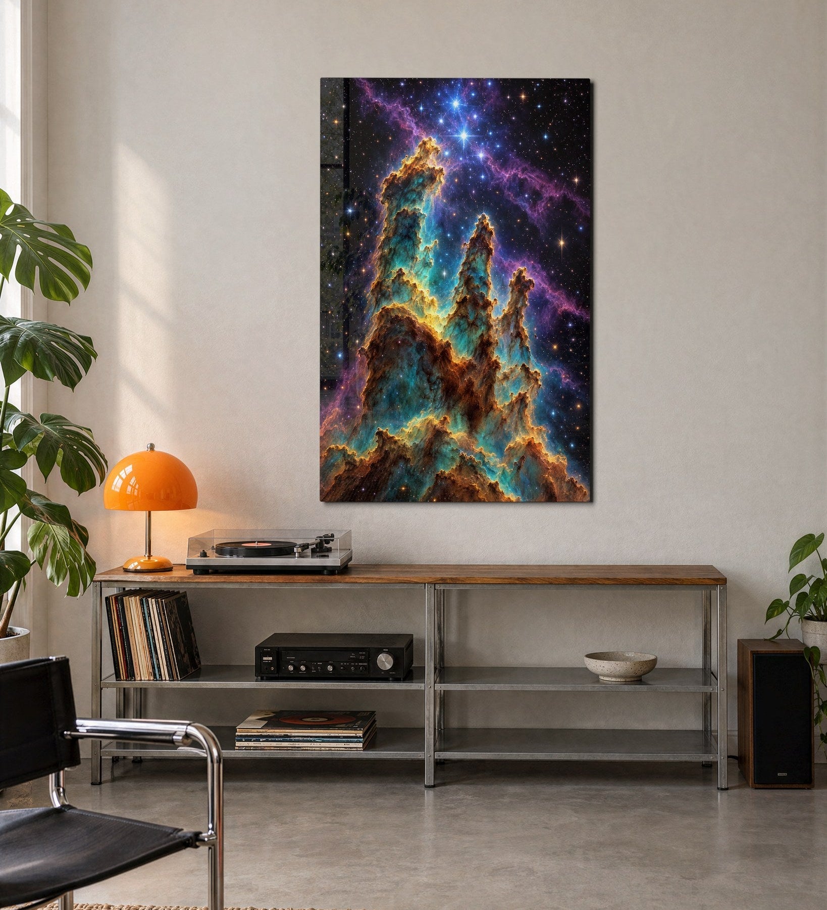 Blue glass wall art featuring star-shaped dust towers by Artdesigna, displayed on a modern interior wall.