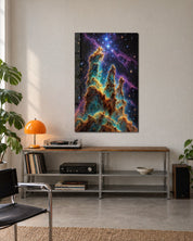 Dust Towers, Blue Stars glass wall art by Artdesigna, lifestyle view