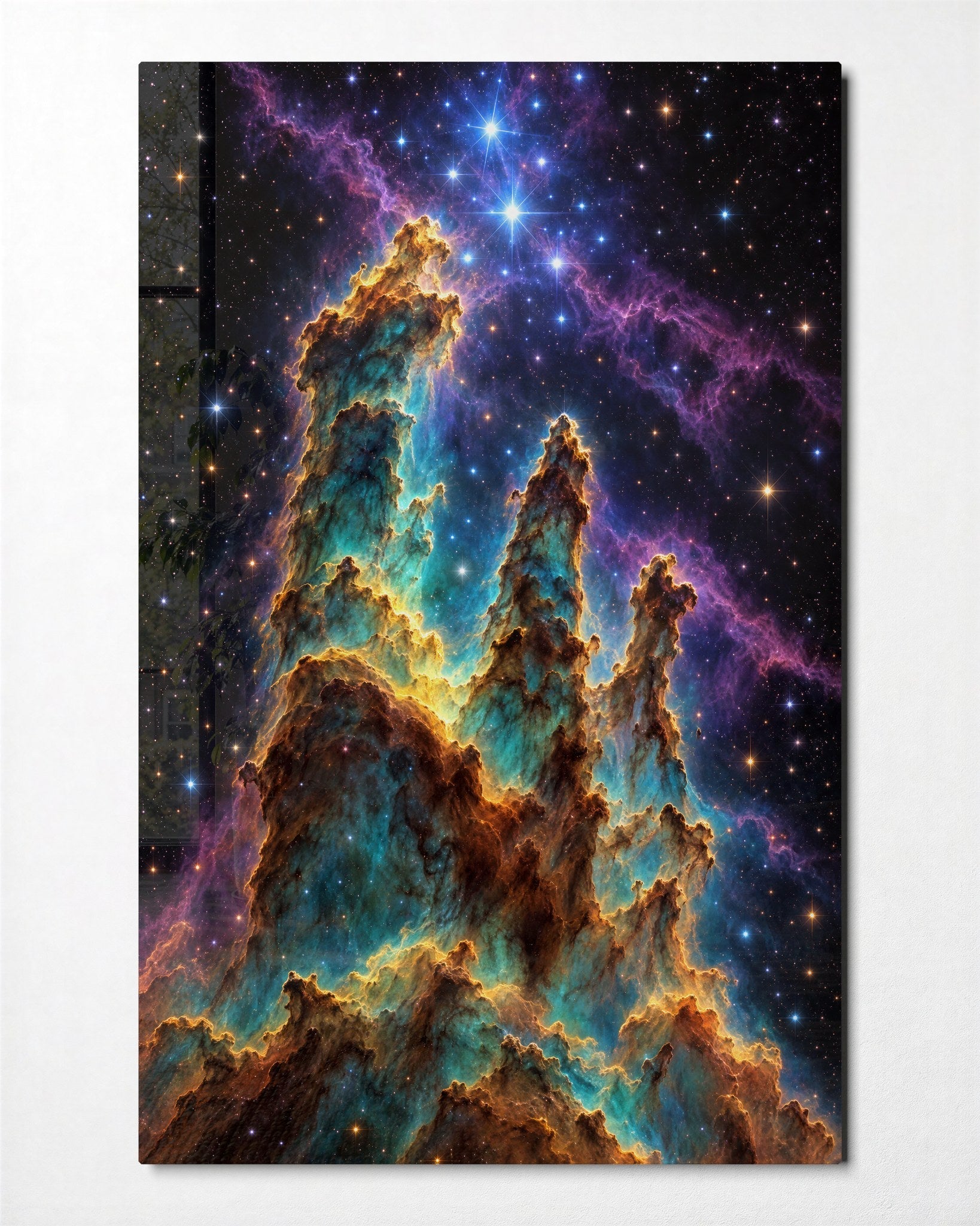 Dust Towers, Blue Stars glass wall art by Artdesigna, front view