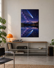 Blue Streak Over the Water glass wall art by Artdesigna, vibrant blue abstract design displayed on a wall.