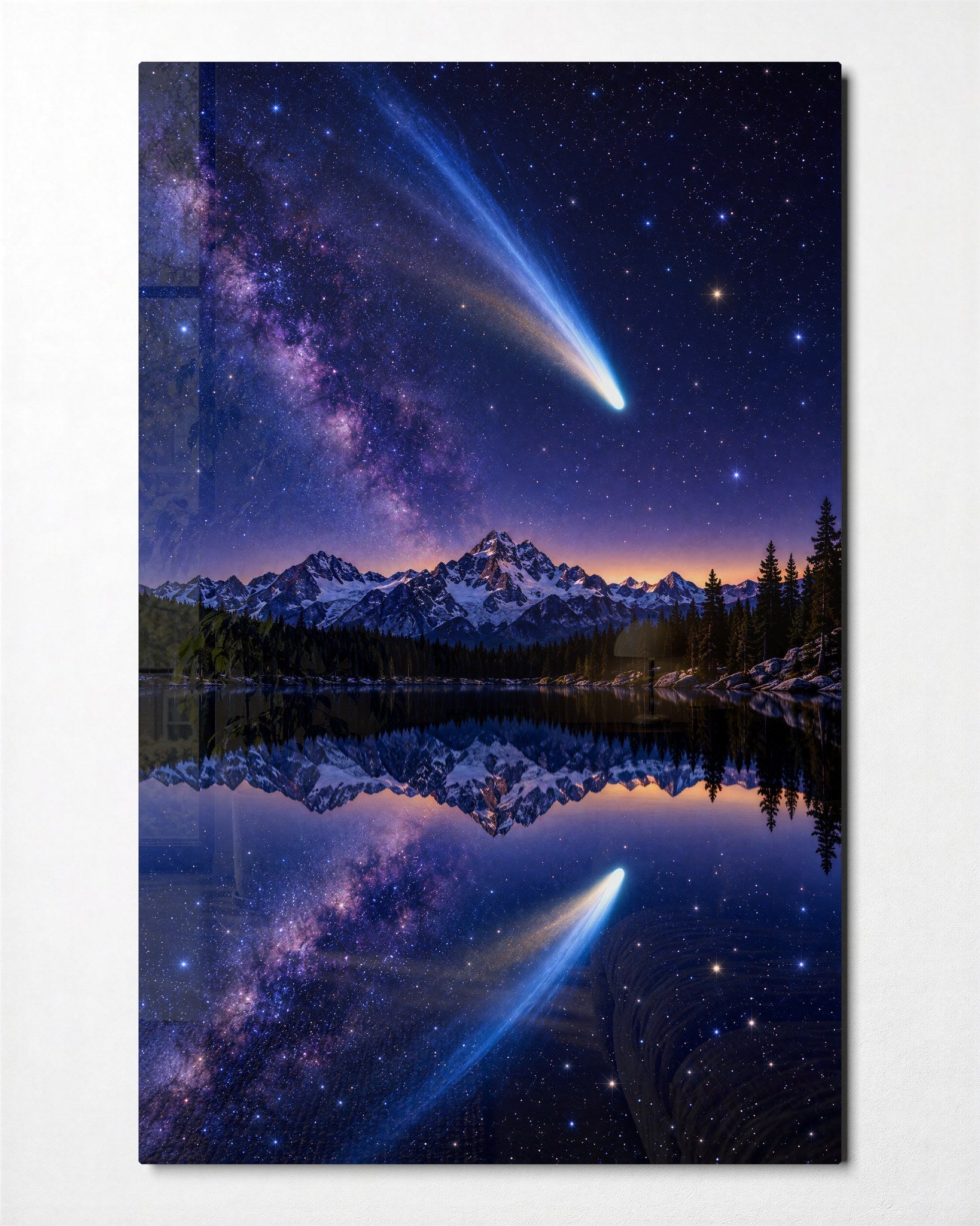 Blue Streak Over the Water glass wall art by Artdesigna featuring a vibrant abstract blue and white design on clear glass.