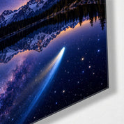 Blue Streak Over the Water glass wall art by Artdesigna, featuring a vibrant abstract design with blue and white tones.
