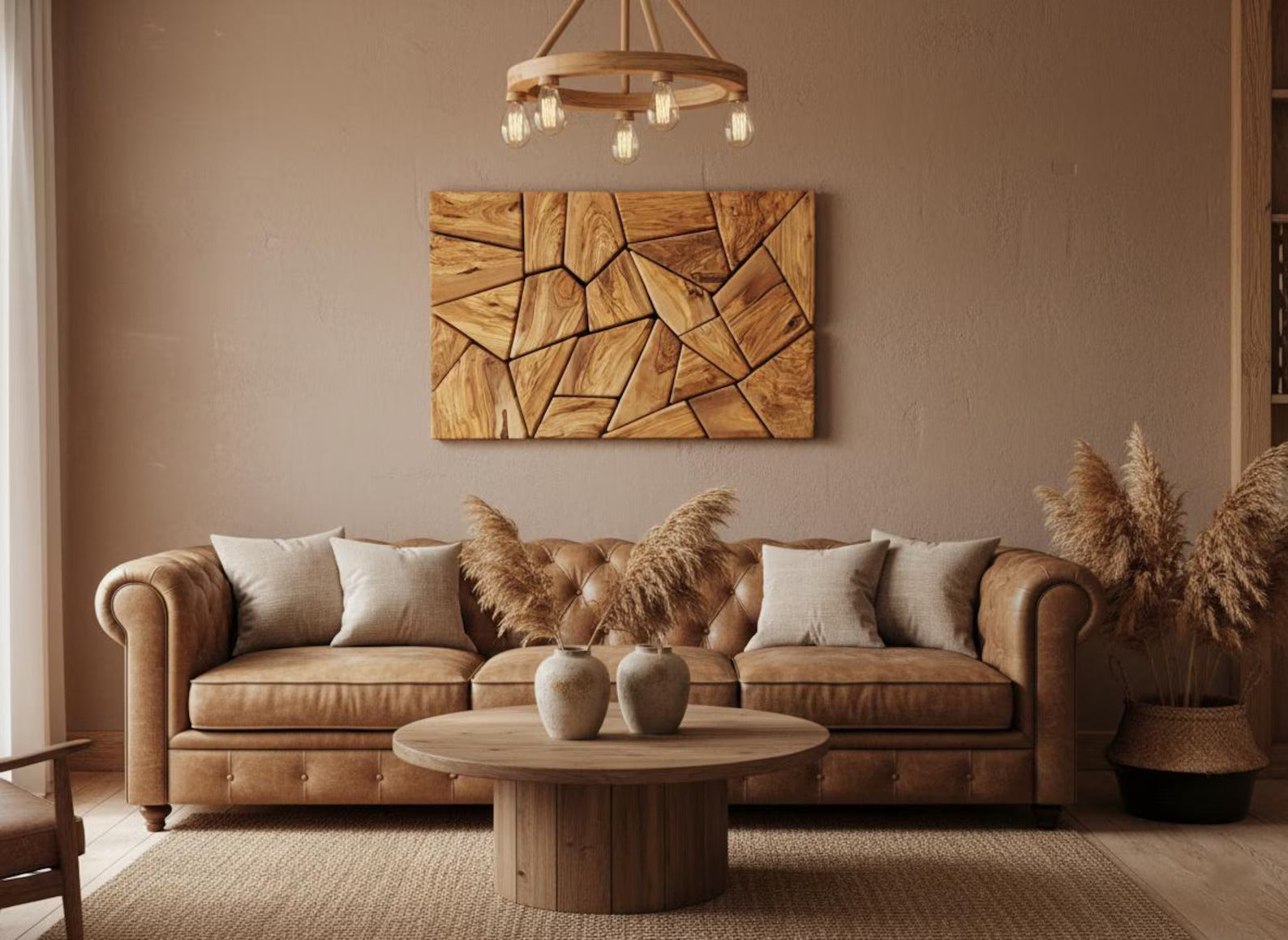 Handmade olive wood geometric wall sculpture by Artdesigna, showcasing natural wood grain and modern design for wall decor.