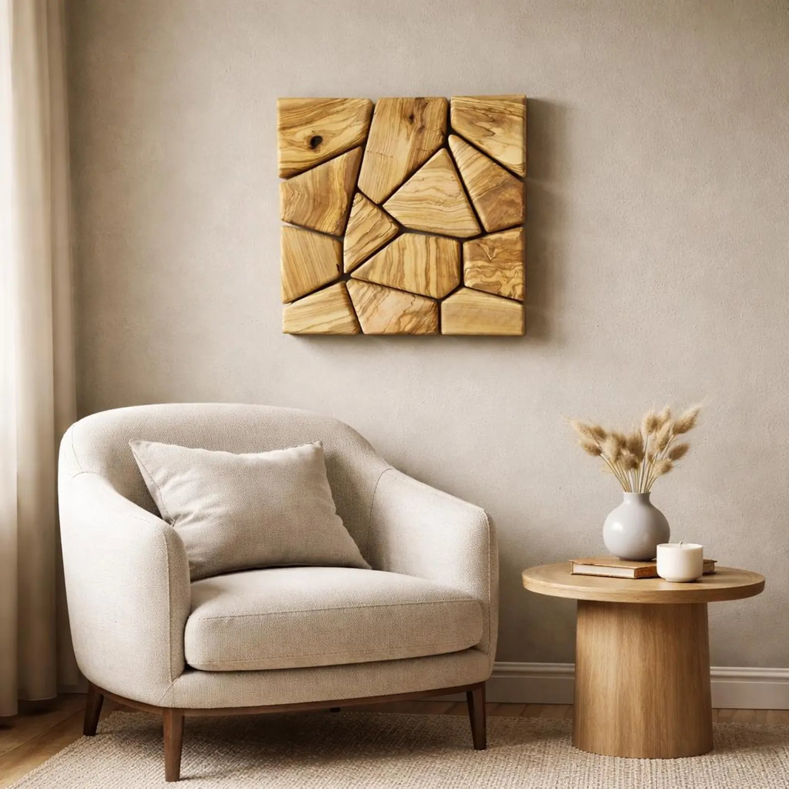 Handmade olive wood geometric square wall sculpture, natural wooden wall art with intricate geometric design by Artdesigna.
