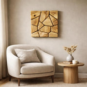 Handmade olive wood geometric square wall sculpture, natural wooden wall art with intricate geometric design by Artdesigna.