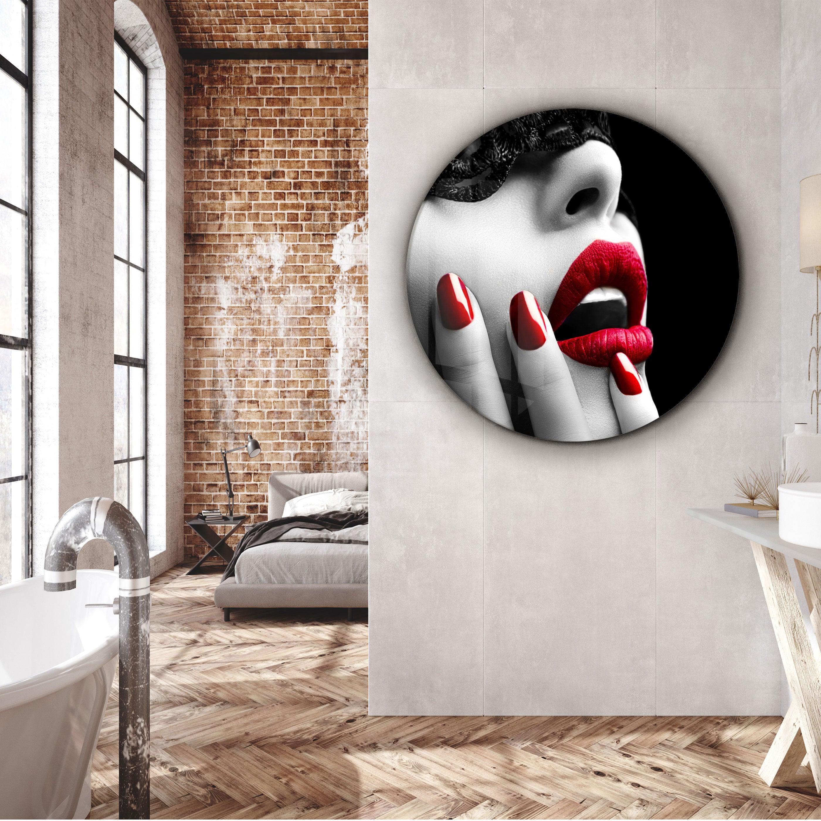 ・"Red Lips"・Rounded Glass Wall Art - ArtDesigna Glass Printing Wall Art