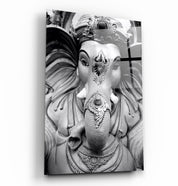 Lord Ganesh B&W Sculpture | Glass Wall Art - Artdesigna
