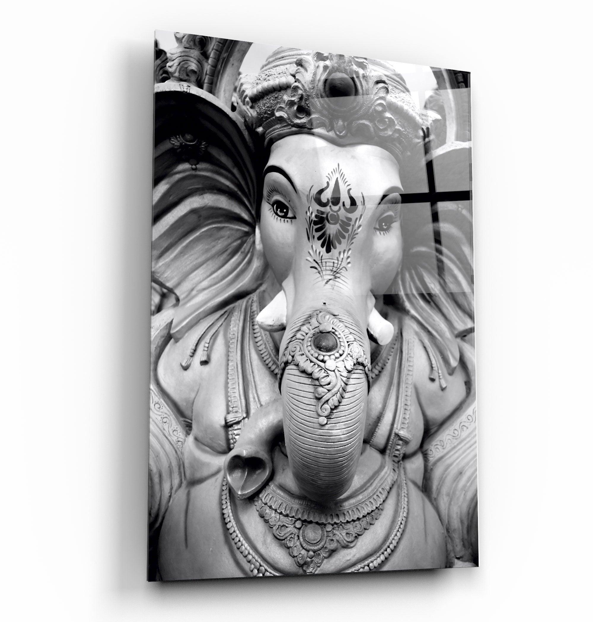 Lord Ganesh B&W Sculpture | Glass Wall Art - Artdesigna