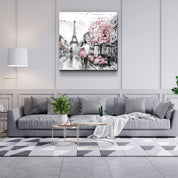 Pink Blossoms and Paris | Glass Wall Art - Artdesigna