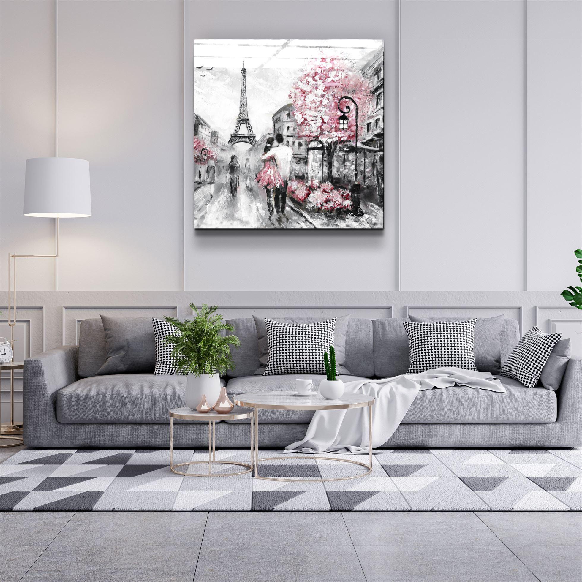 Pink Blossoms and Paris | Glass Wall Art - Artdesigna