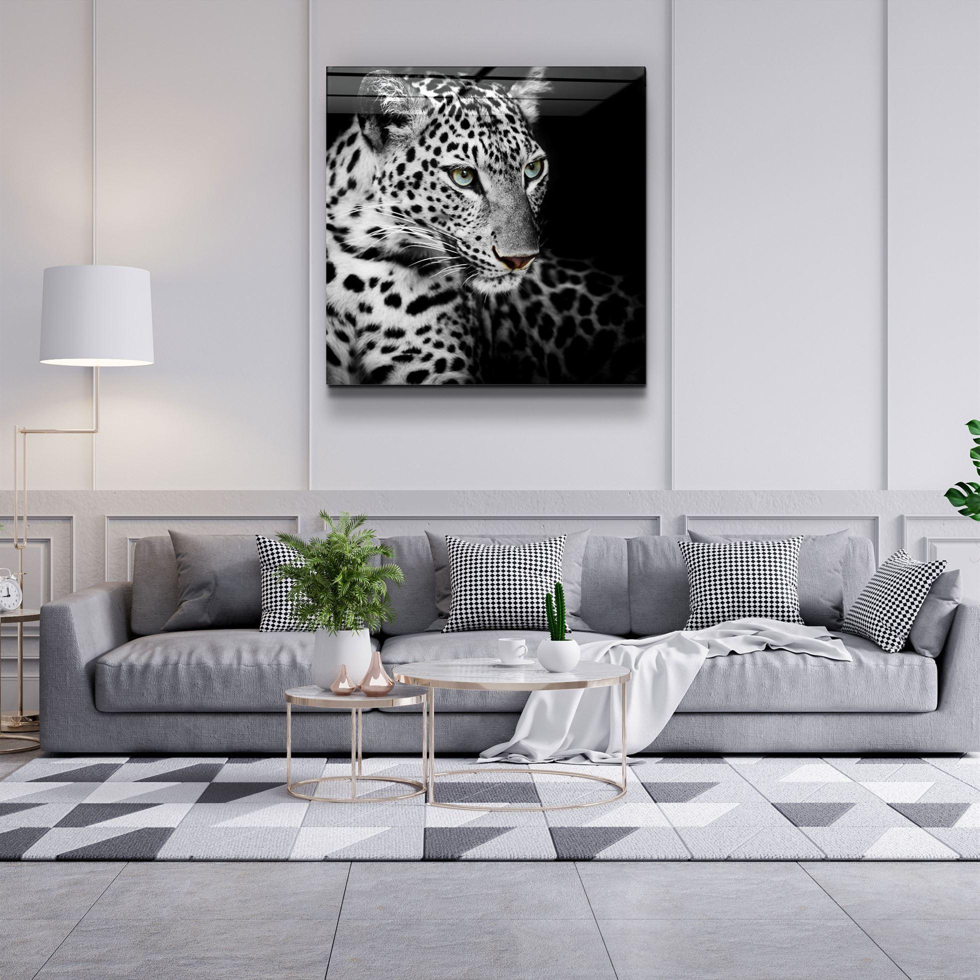 Regal Prowl: The Leopard’s Watch | Glass Wall Art - Artdesigna