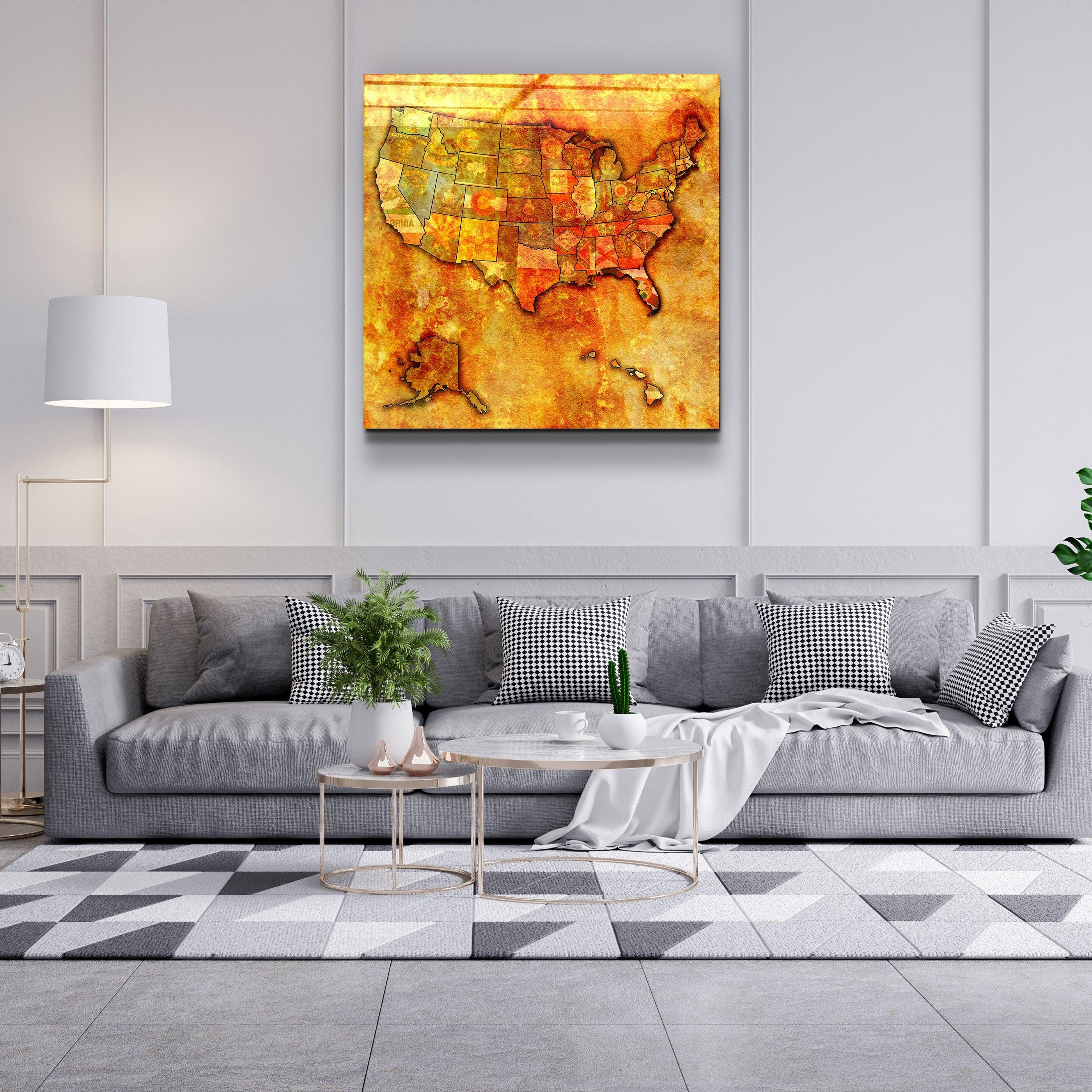 Vintage US Florida map glass wall art by Artdesigna featuring detailed geographic design and vibrant colors.
