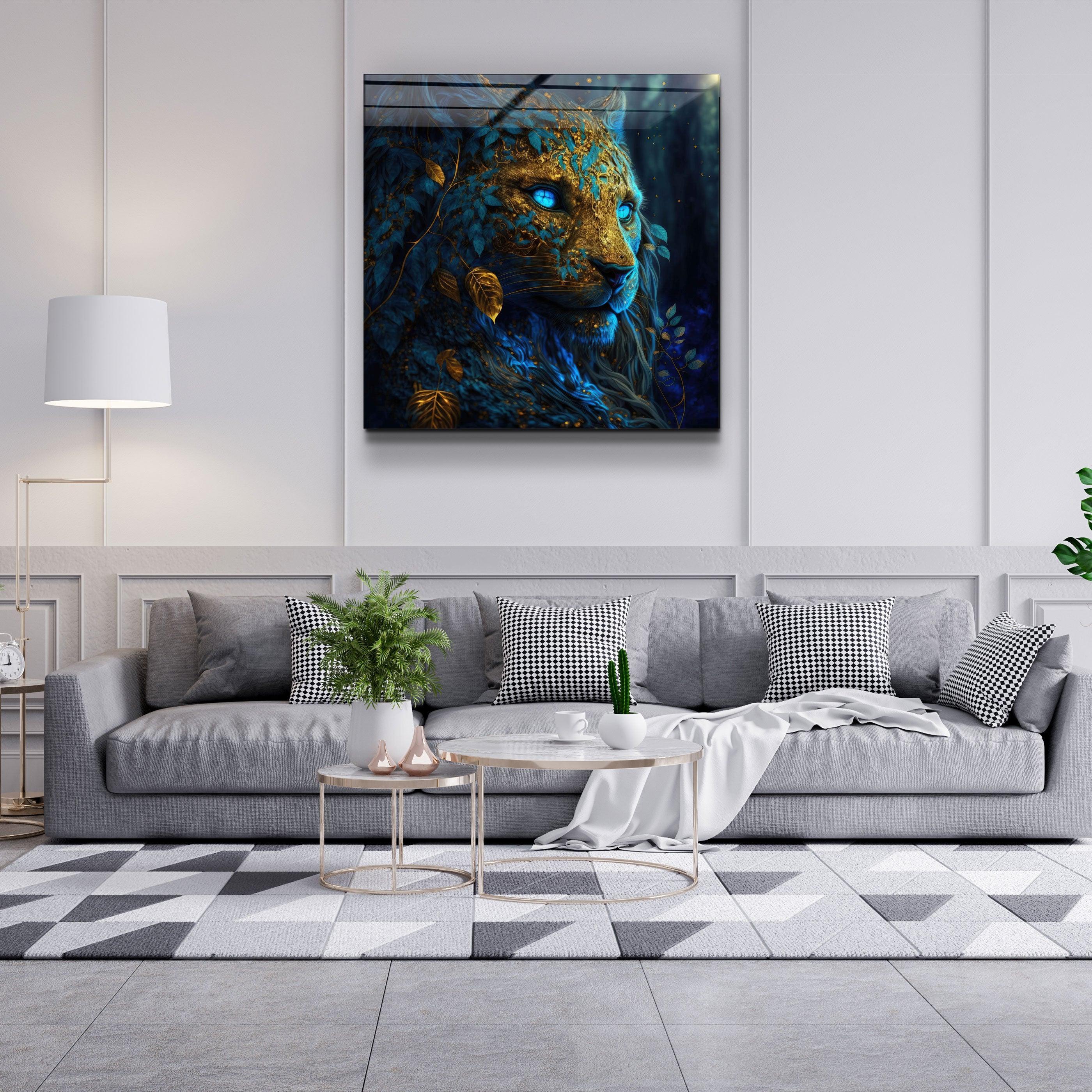 ."Majestic Blue-Eyed Leopard". Secret World Collection Glass Wall Art - ArtDesigna Glass Printing Wall Art
