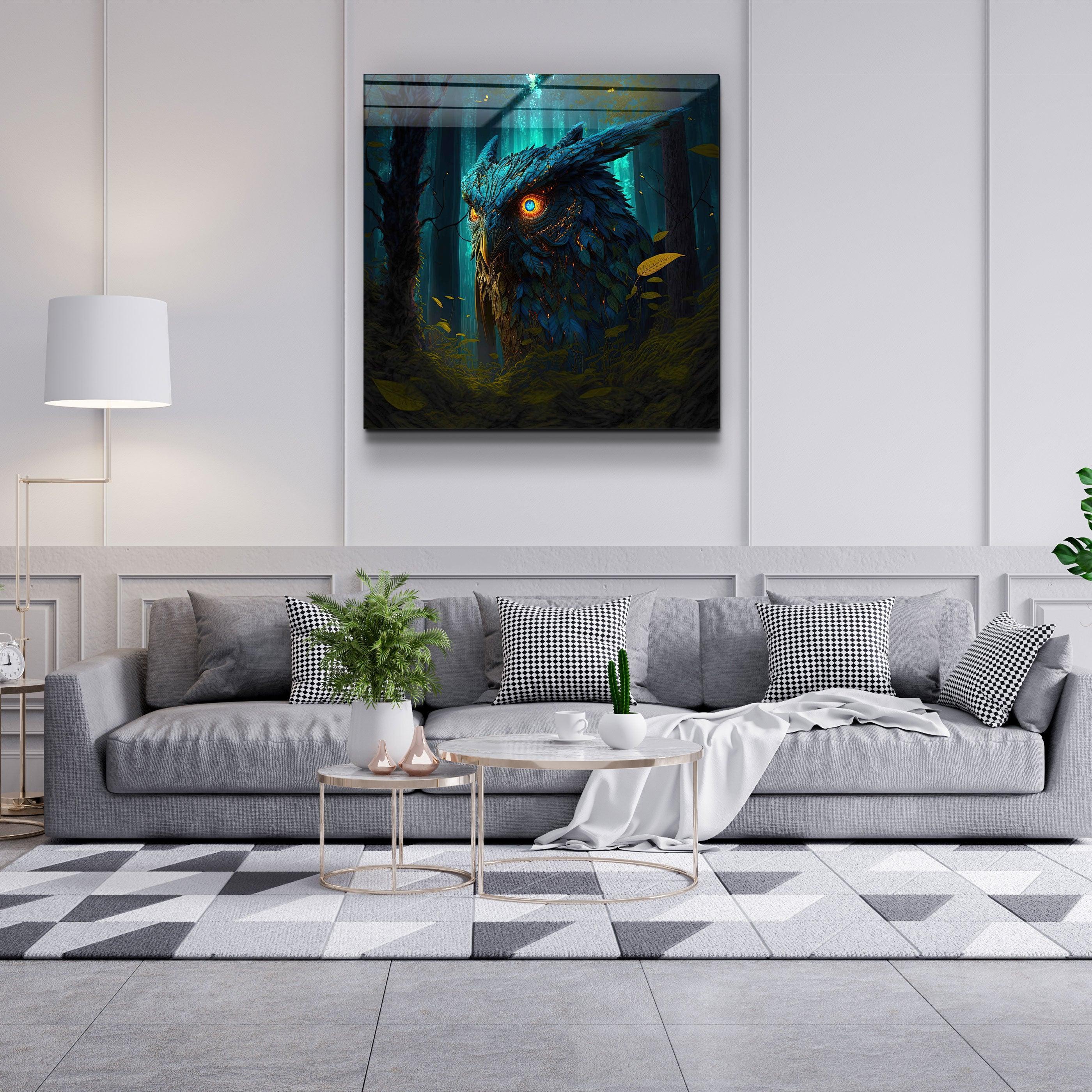 ."Blazing Blue Owl". Secret World Collection Glass Wall Art - ArtDesigna Glass Printing Wall Art
