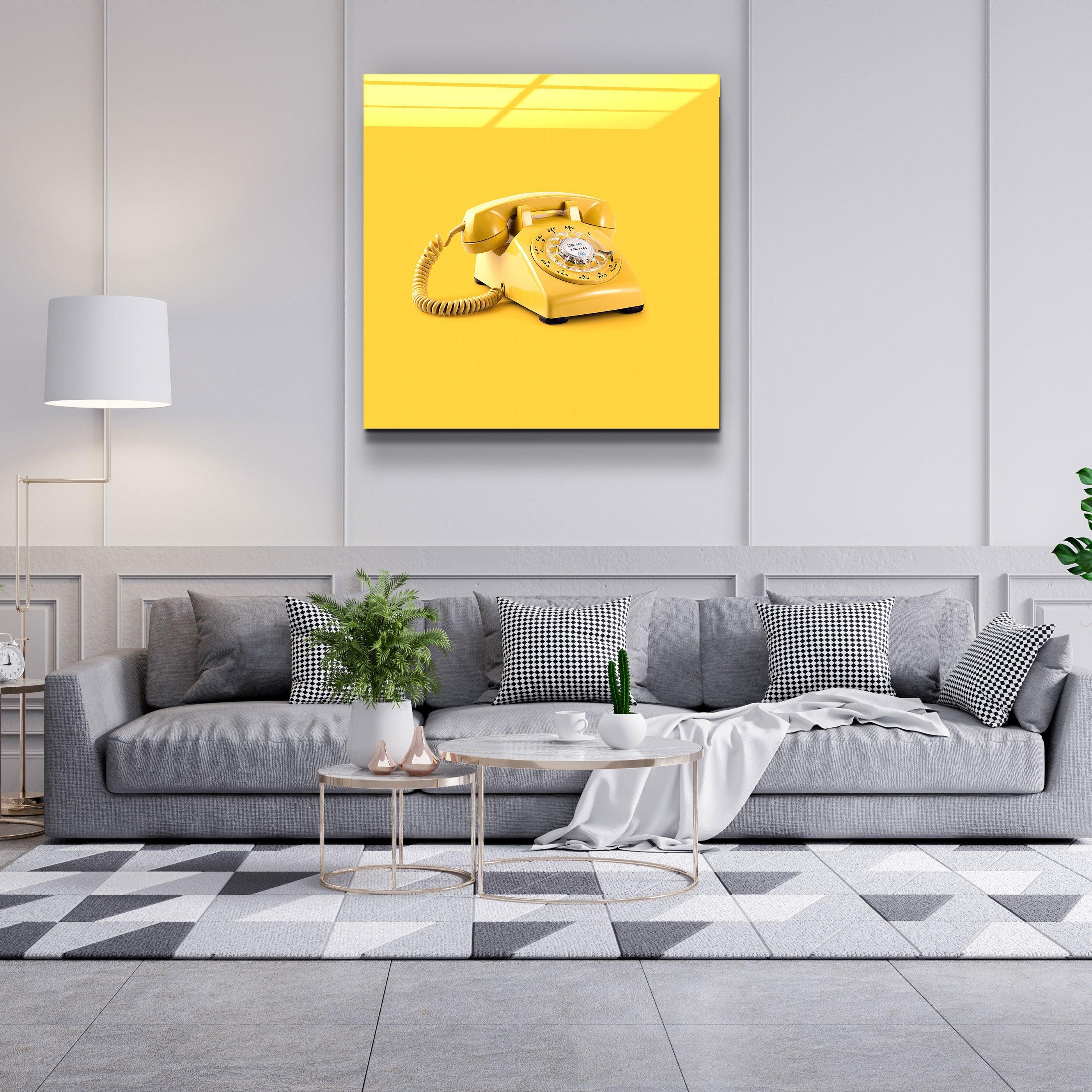 ."Yellow Retro Phone". Contemporary Collection Glass Wall Art - ArtDesigna Glass Printing Wall Art