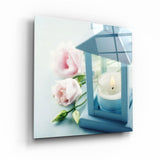 Candle and Pink Roses | Glass Wall Art