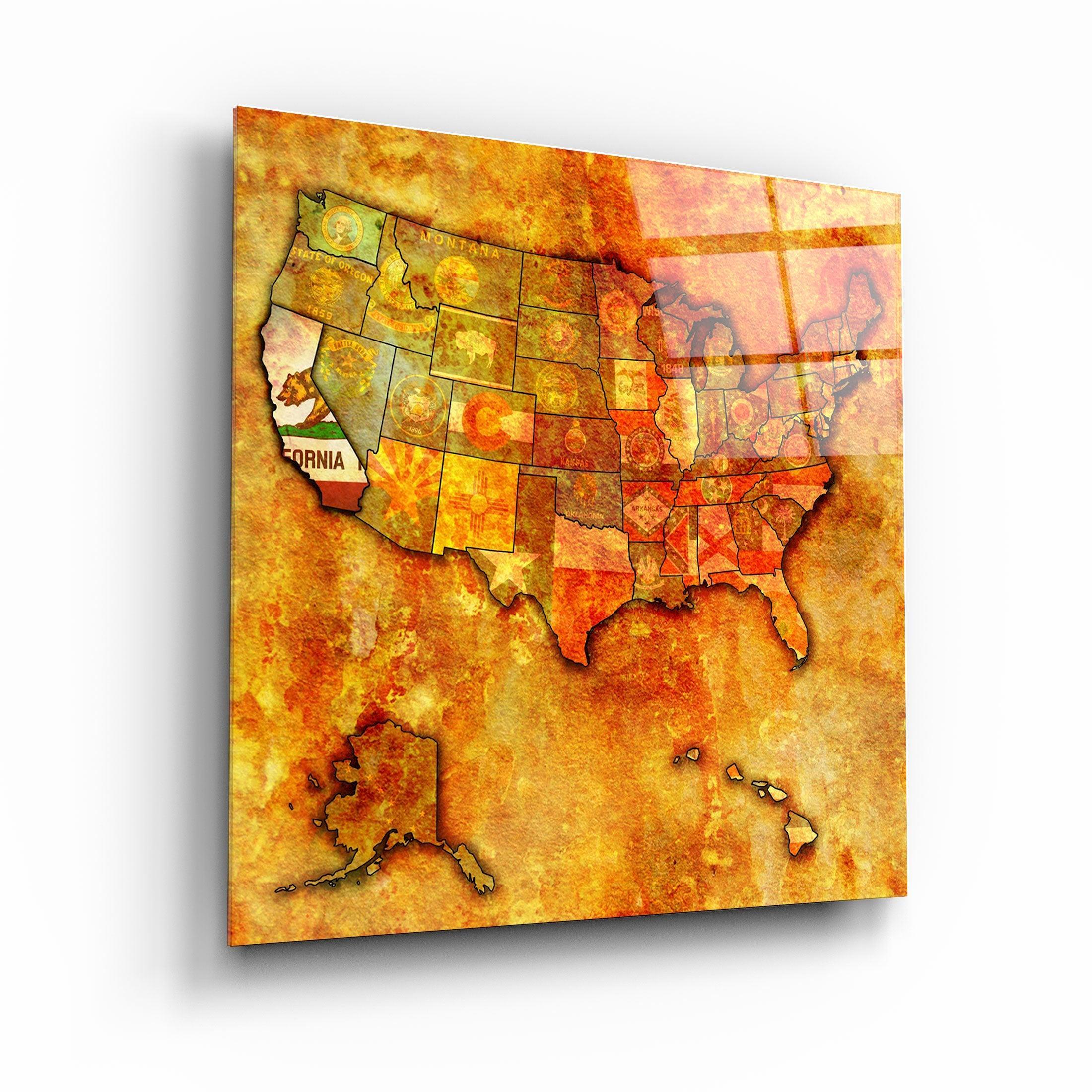 Vintage US California map glass wall art by Artdesigna, featuring detailed California state design on clear glass.