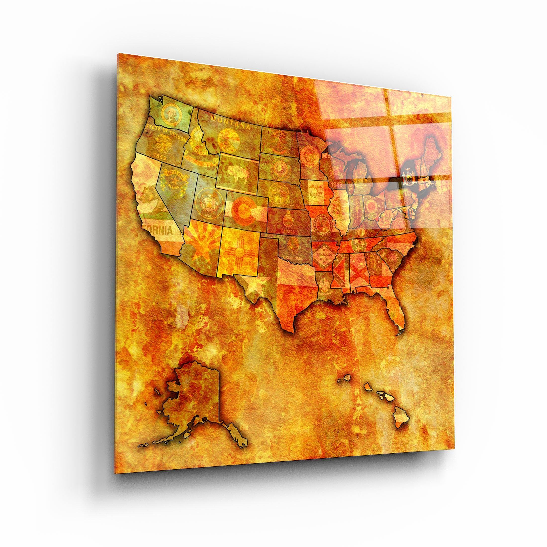 Vintage US New York map glass wall art by Artdesigna, showcasing detailed city and state design on clear glass.