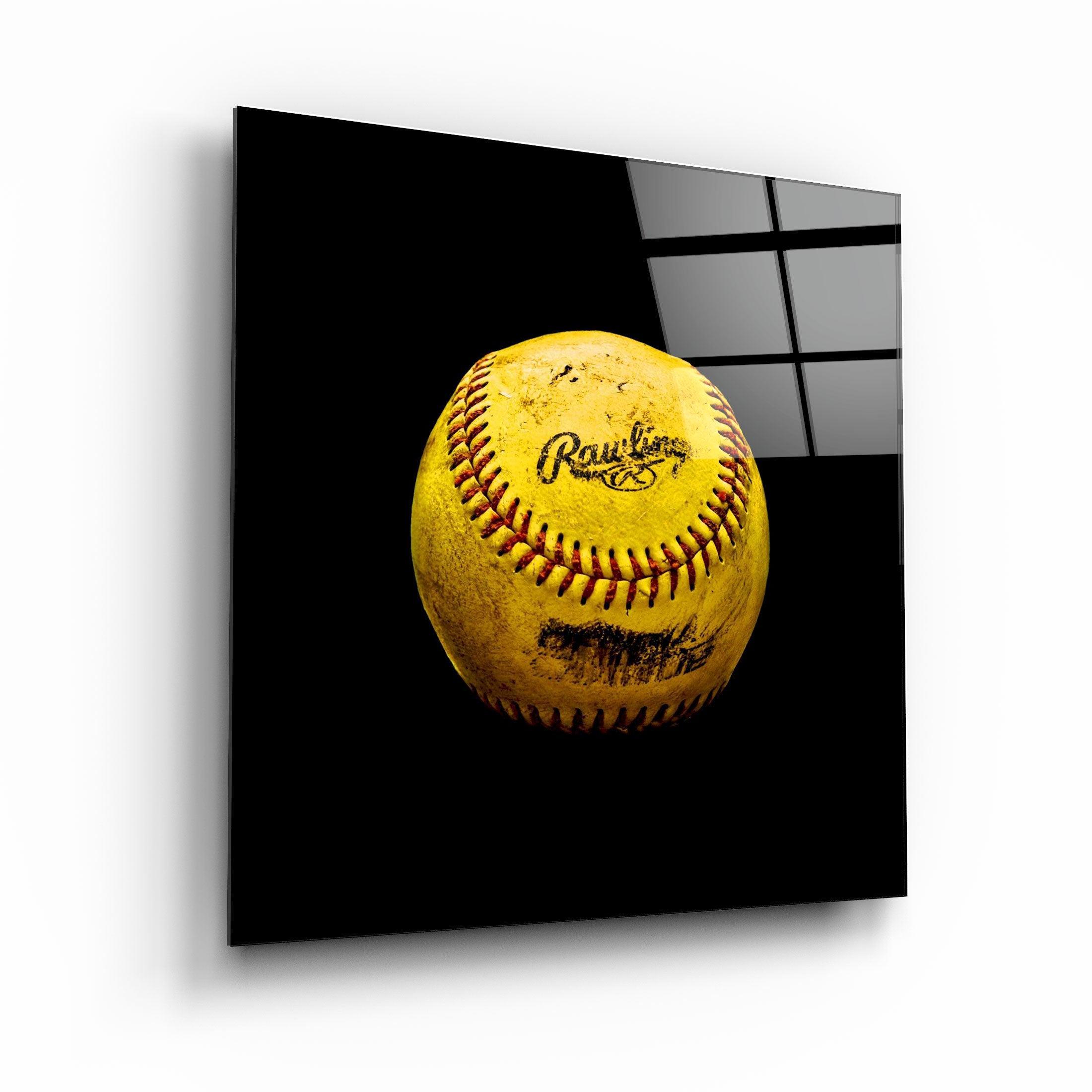 Recolored Designs baseball glass wall art by Artdesigna featuring vibrant baseball artwork on clear glass.
