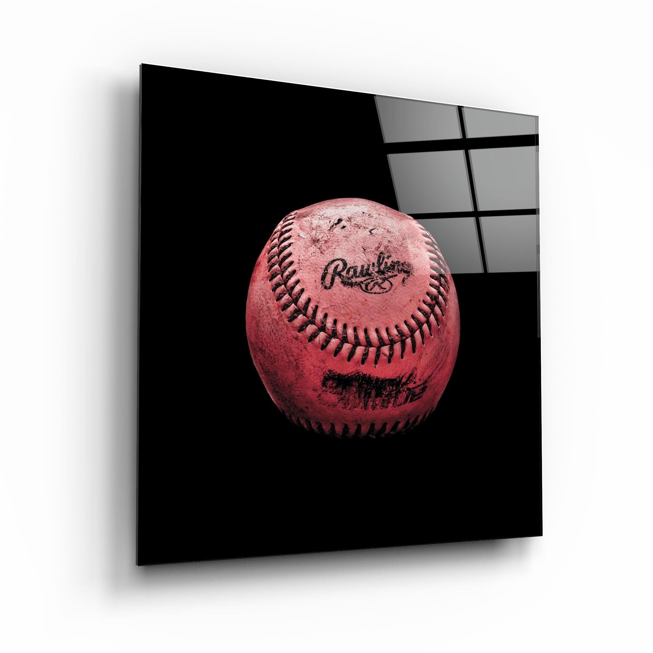Colorful Recolored Designs baseball glass wall art by Artdesigna, featuring vibrant baseball imagery on clear glass.
