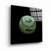 Colorful Recolored Designs baseball glass wall art by Artdesigna displayed on a wall, showcasing vibrant modern artwork.