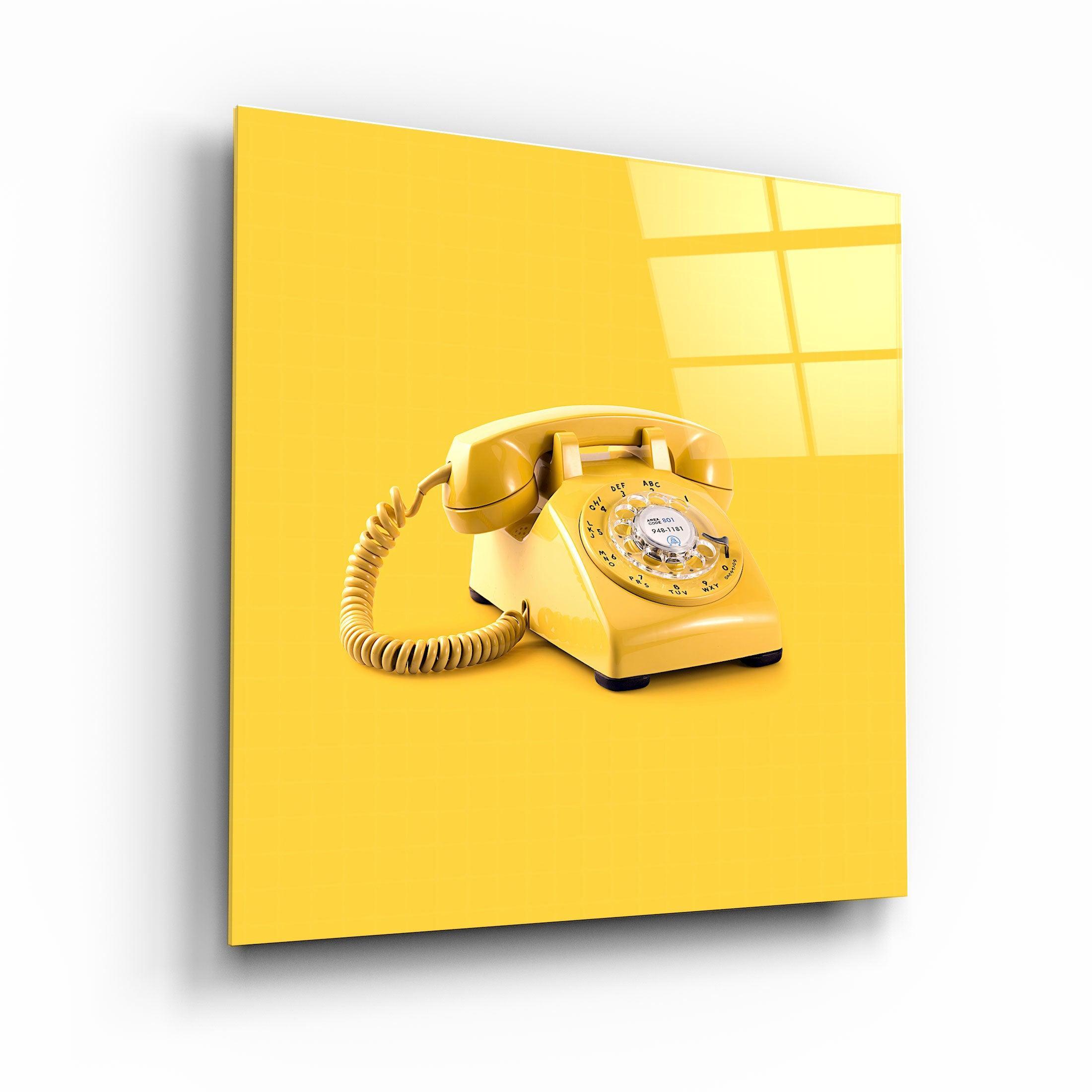 ."Yellow Retro Phone". Contemporary Collection Glass Wall Art - ArtDesigna Glass Printing Wall Art
