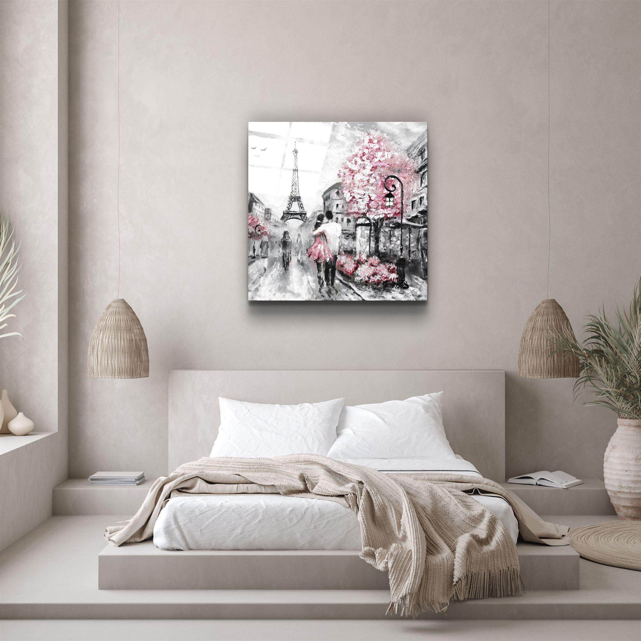 Pink Blossoms and Paris | Glass Wall Art - Artdesigna