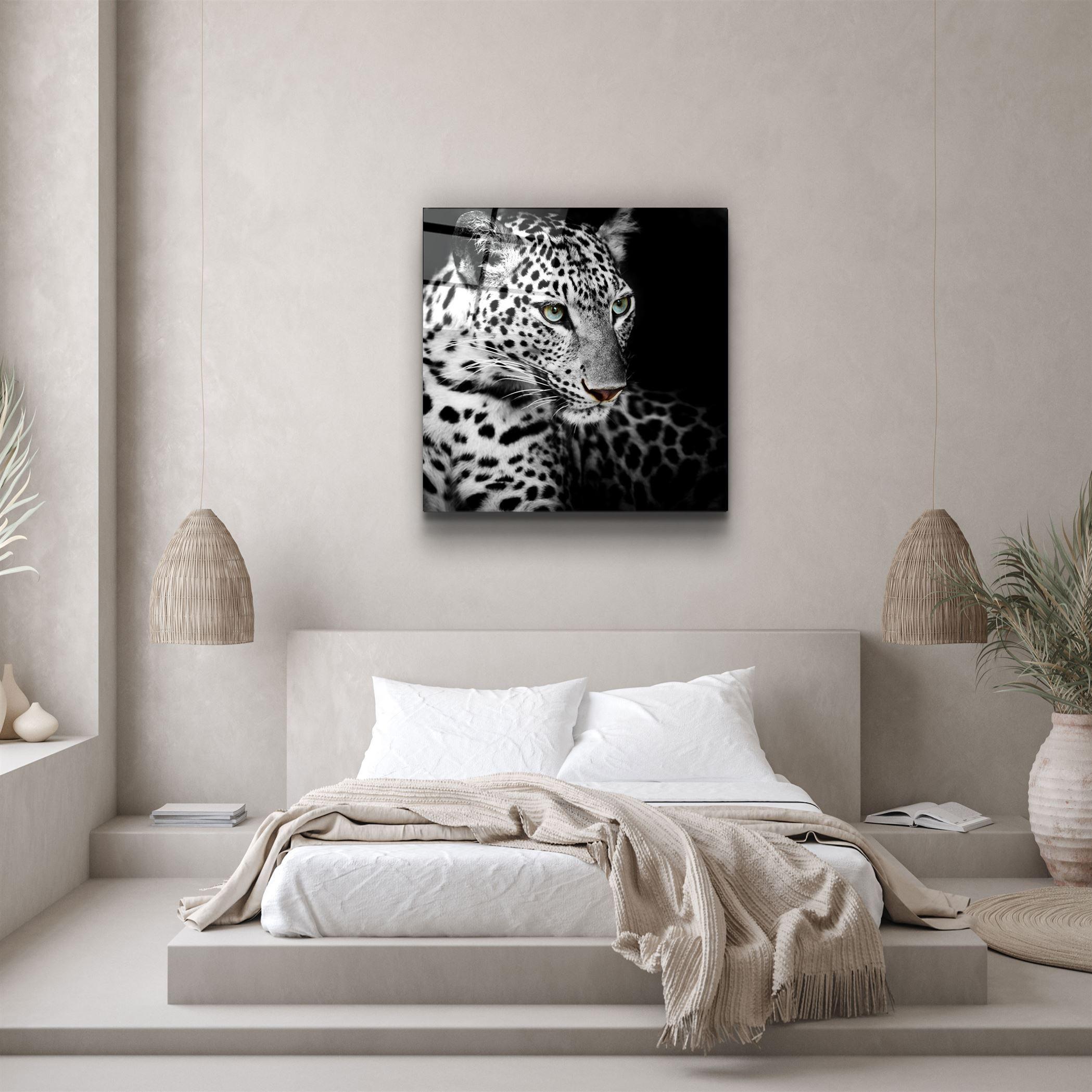 Regal Prowl: The Leopard’s Watch | Glass Wall Art - Artdesigna