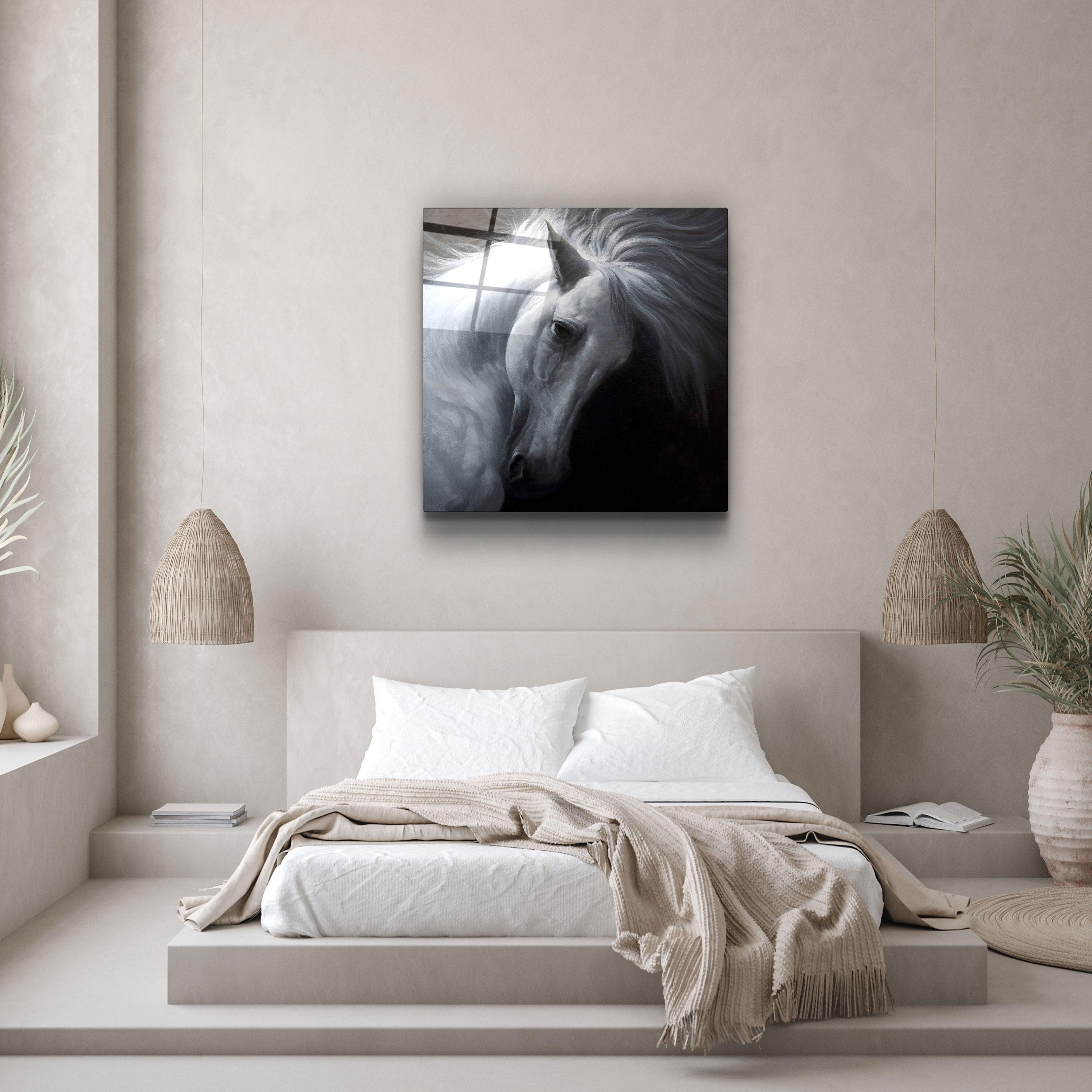 White Horse | Glass Wall Art - Artdesigna