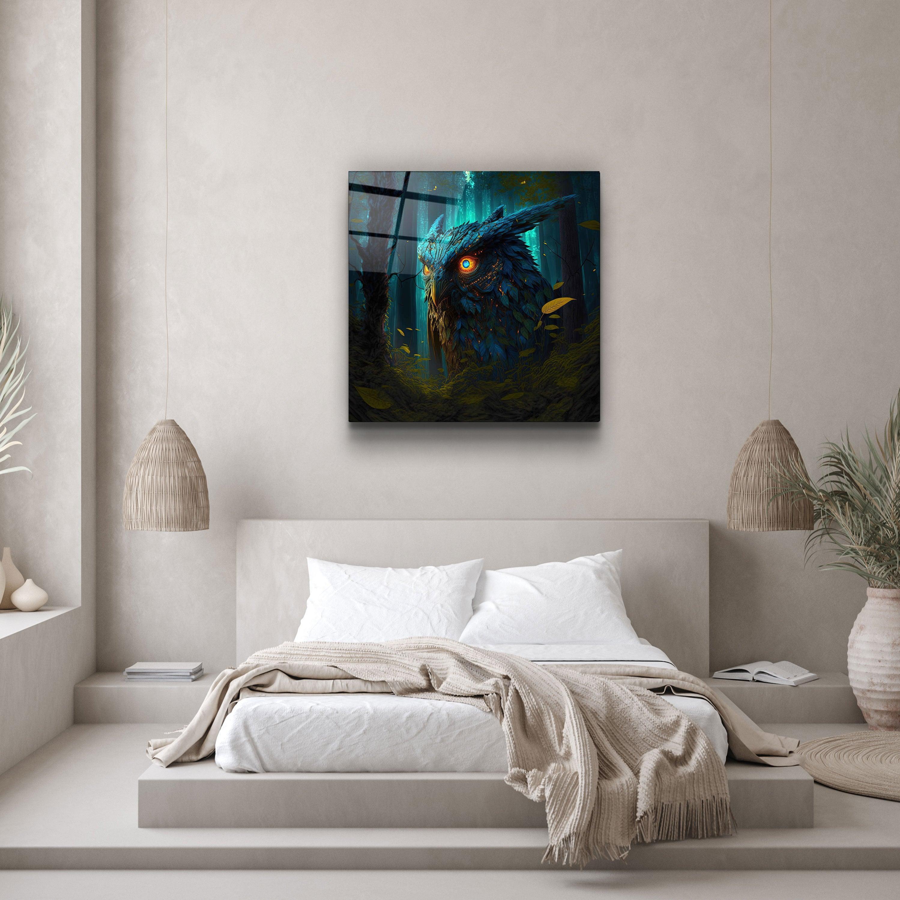 ."Blazing Blue Owl". Secret World Collection Glass Wall Art - ArtDesigna Glass Printing Wall Art