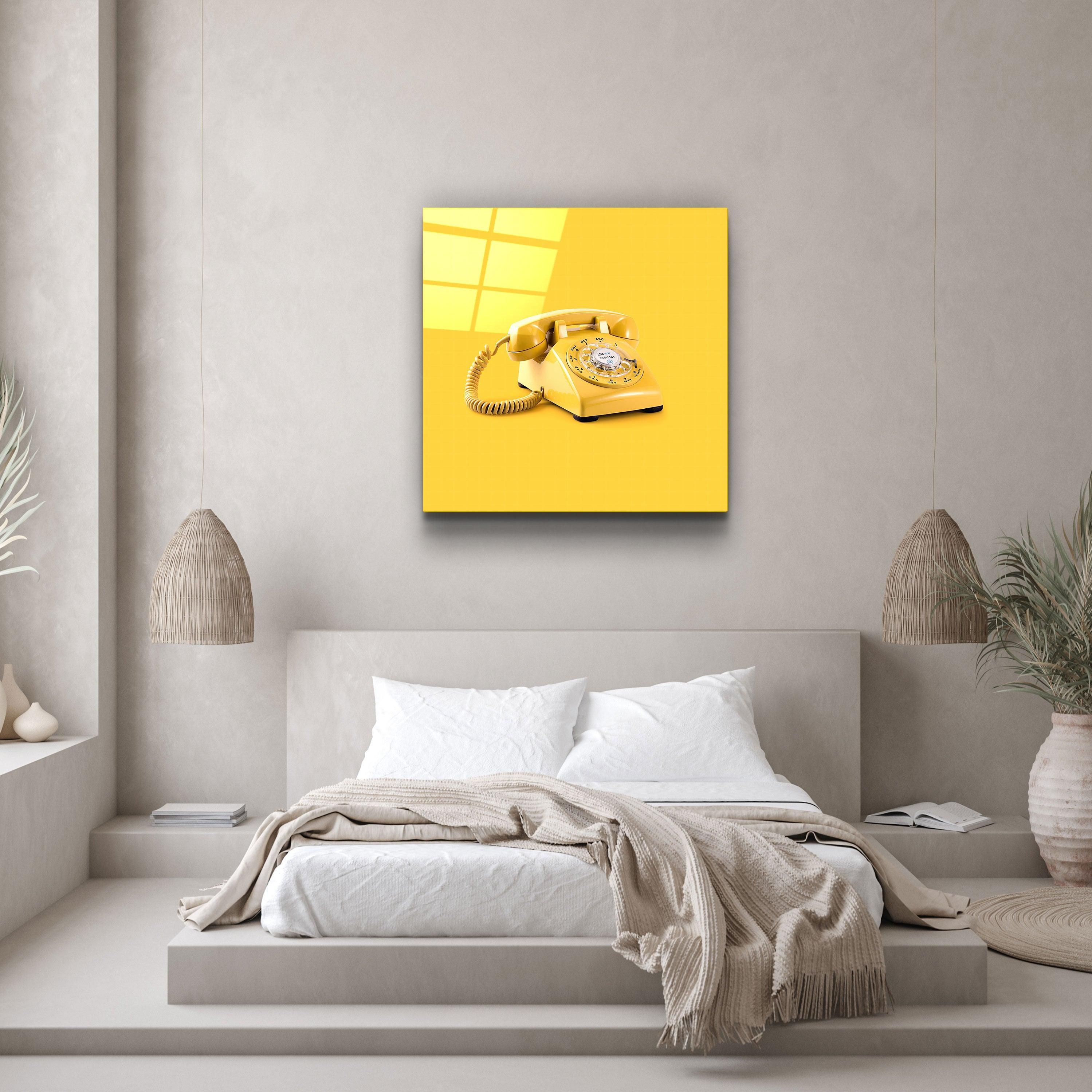 ."Yellow Retro Phone". Contemporary Collection Glass Wall Art - ArtDesigna Glass Printing Wall Art