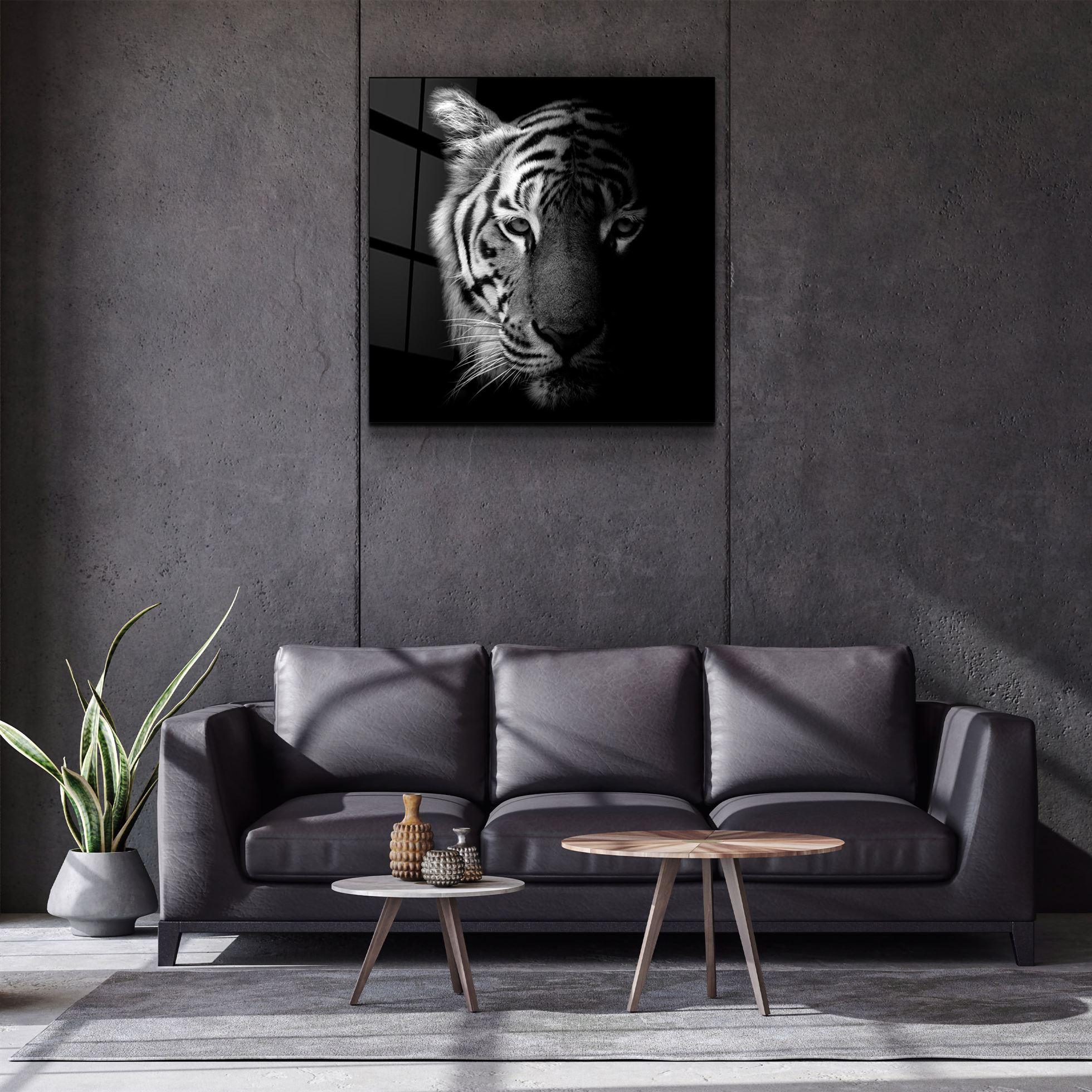 Tiger Black and White | Glass Wall Art - Artdesigna