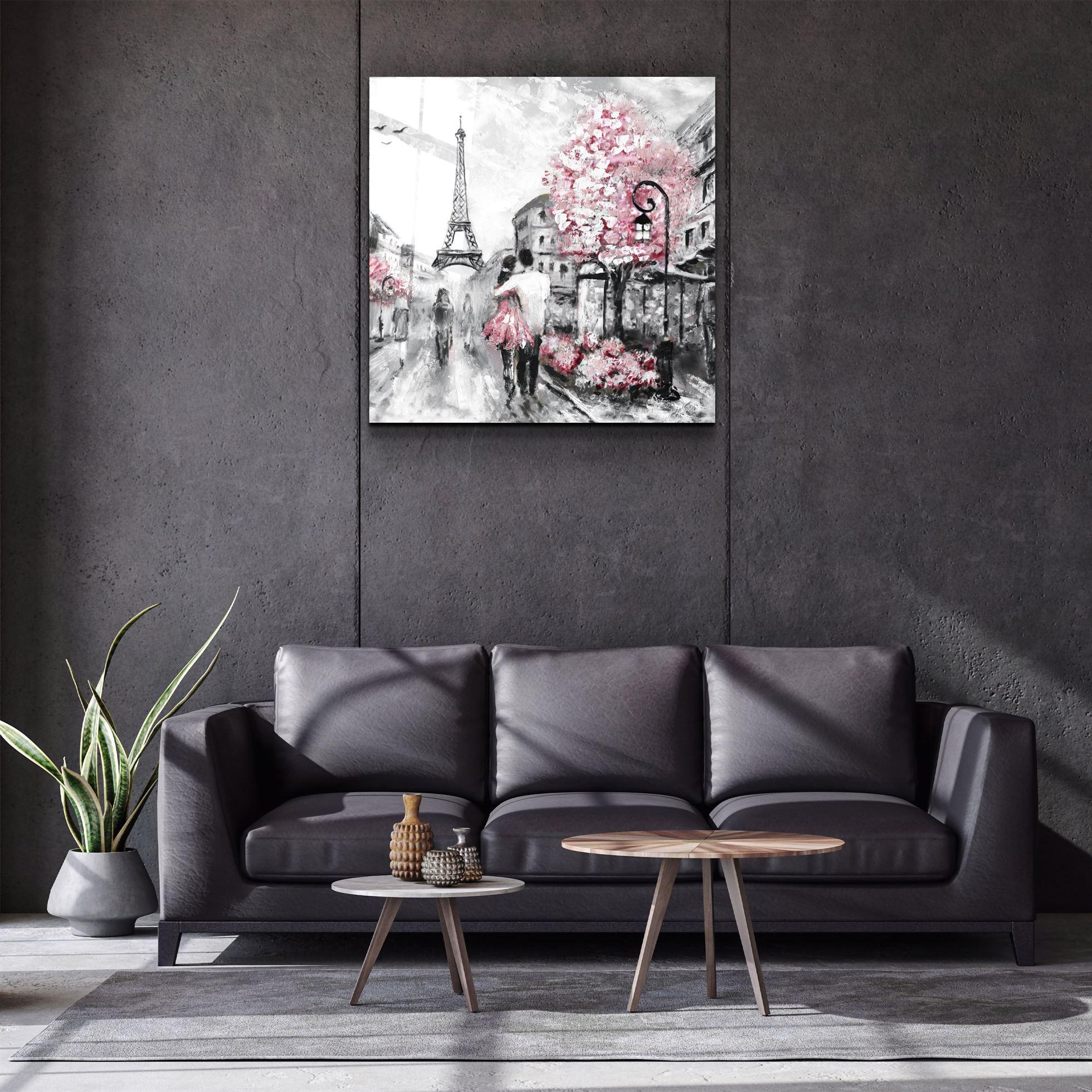 Pink Blossoms and Paris | Glass Wall Art - Artdesigna