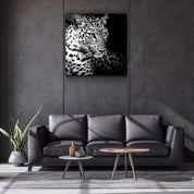 Regal Prowl: The Leopard’s Watch | Glass Wall Art - Artdesigna
