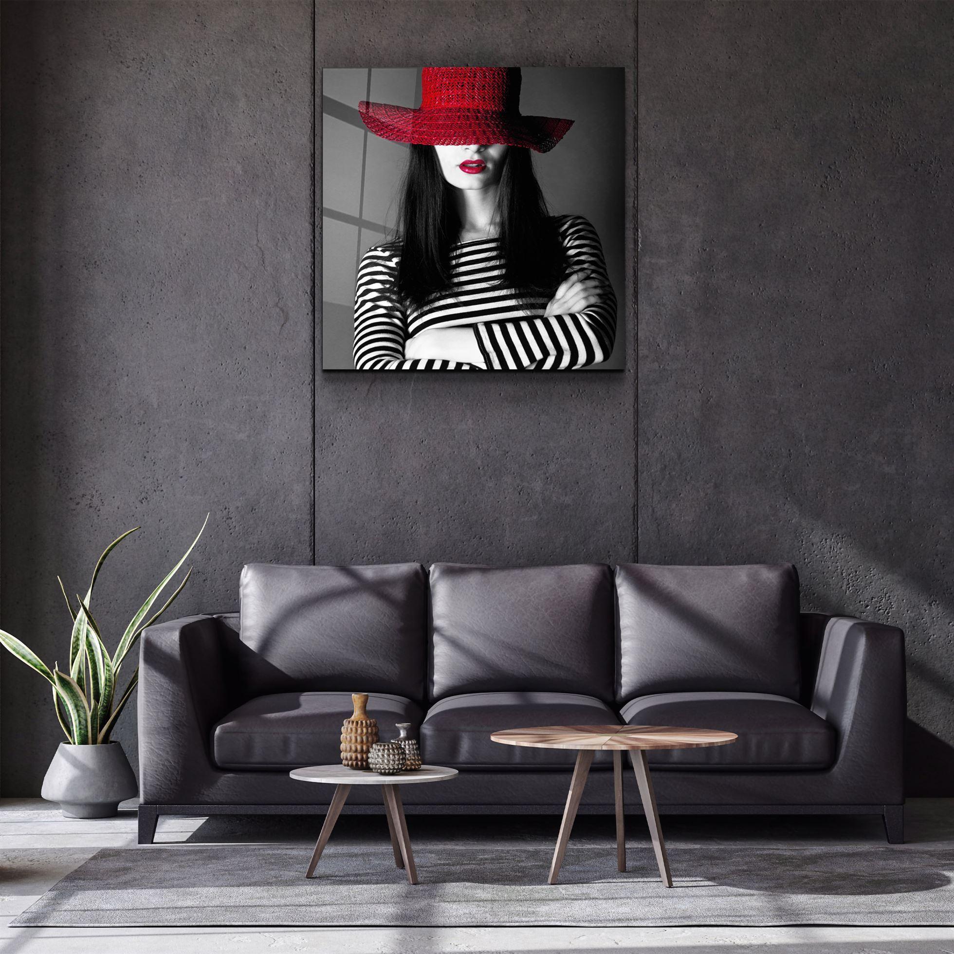 ・"Woman in Red Hat"・Glass Wall Art - ArtDesigna Glass Printing Wall Art