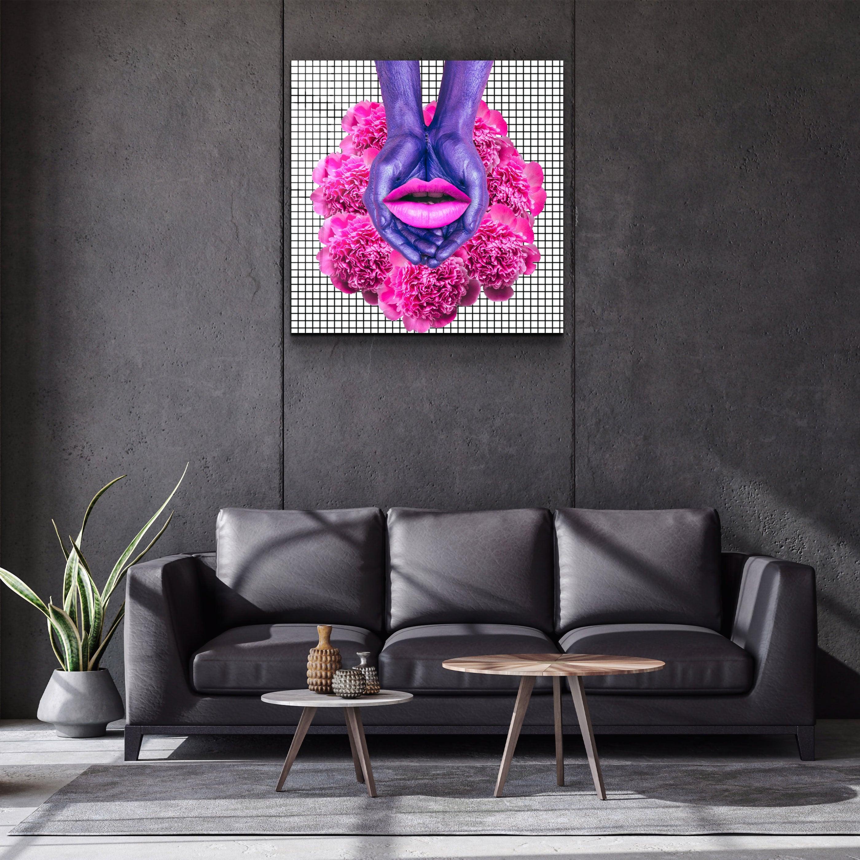・"Pink Flowers and Lips"・Glass Wall Art - ArtDesigna Glass Printing Wall Art