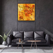 Vintage US Florida map glass wall art by Artdesigna featuring detailed design and vibrant colors on clear glass background.