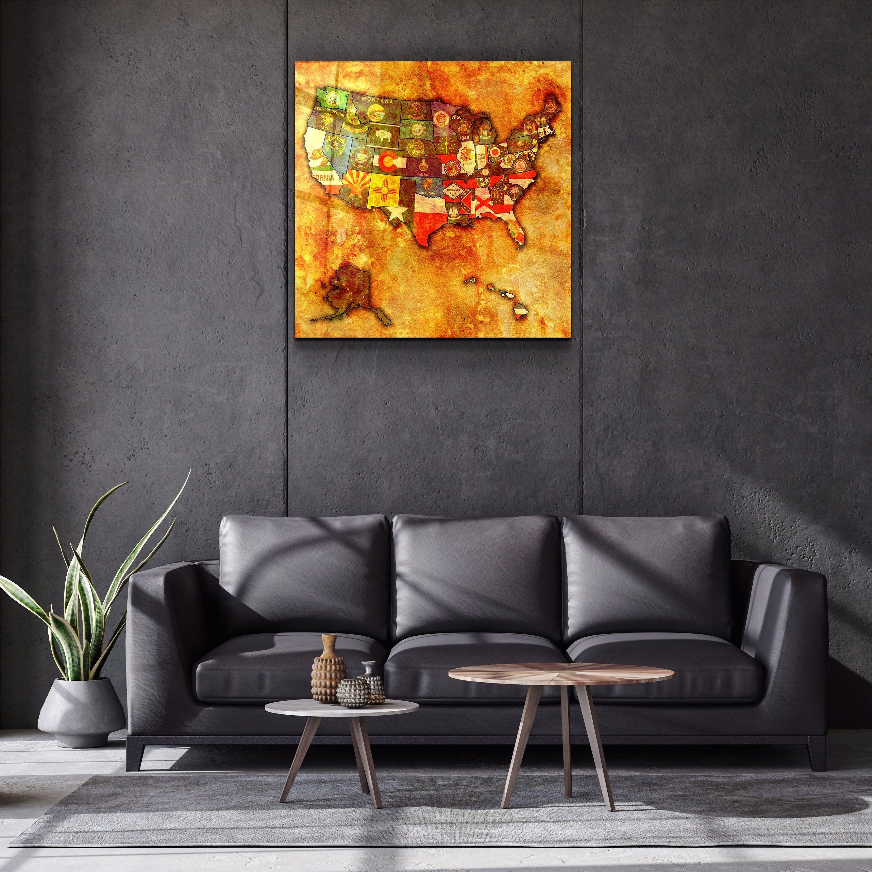 ・"Vintage Map US - All States"・Glass Wall Art - ArtDesigna Glass Printing Wall Art