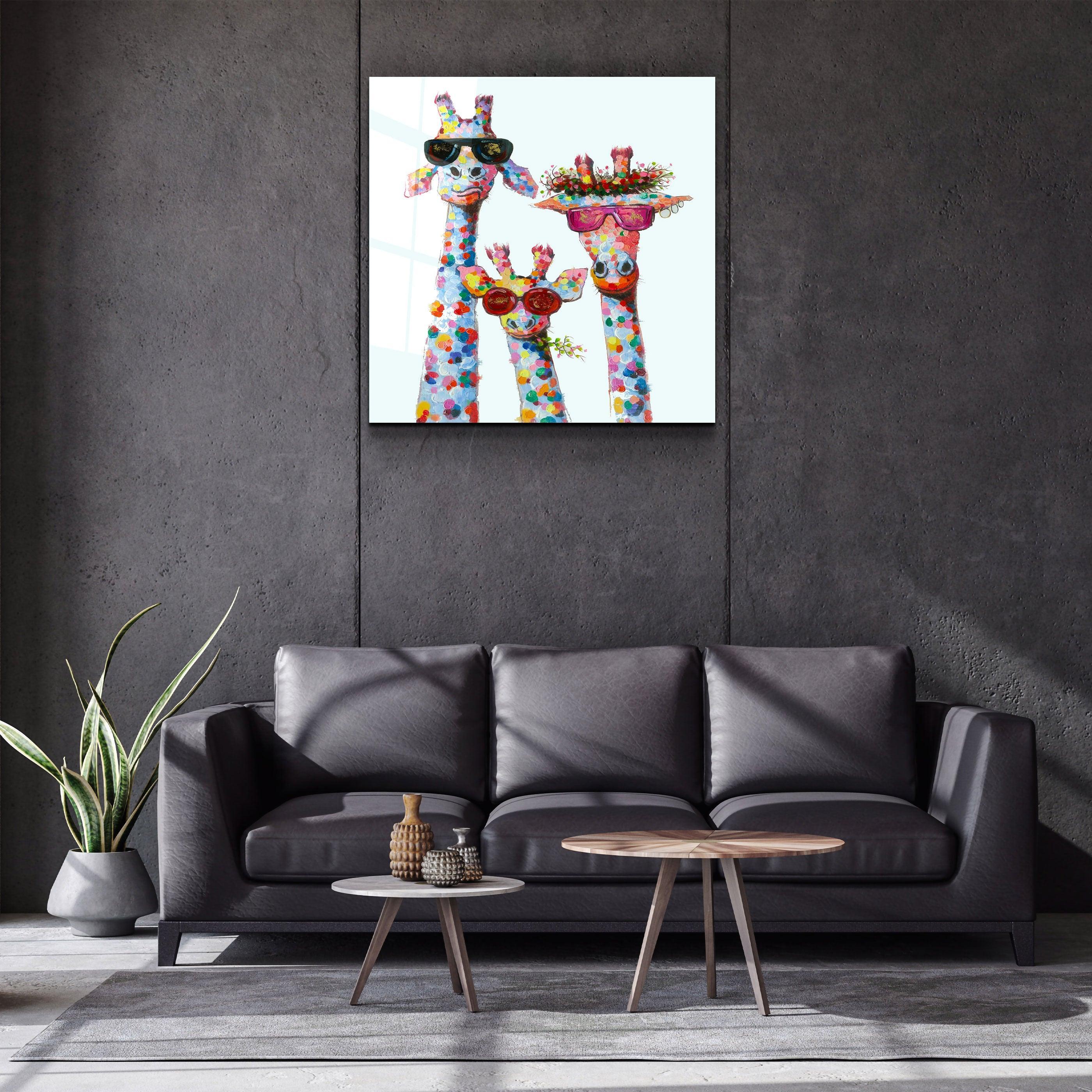 ."Funny Giraffe Family". Designer's Collection Glass Wall Art - ArtDesigna Glass Printing Wall Art
