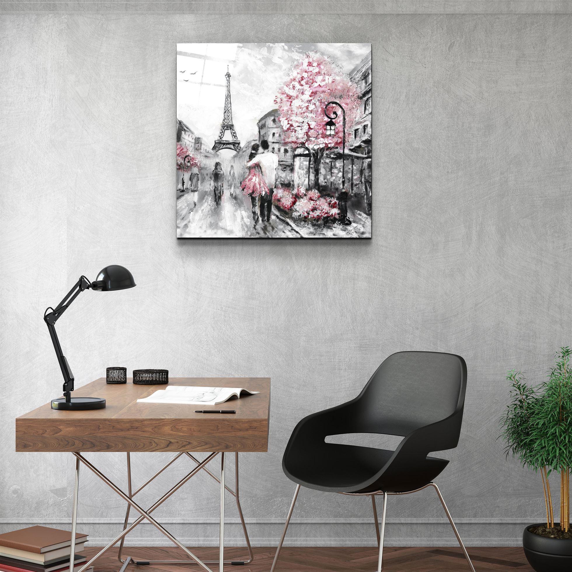 Pink Blossoms and Paris | Glass Wall Art - Artdesigna