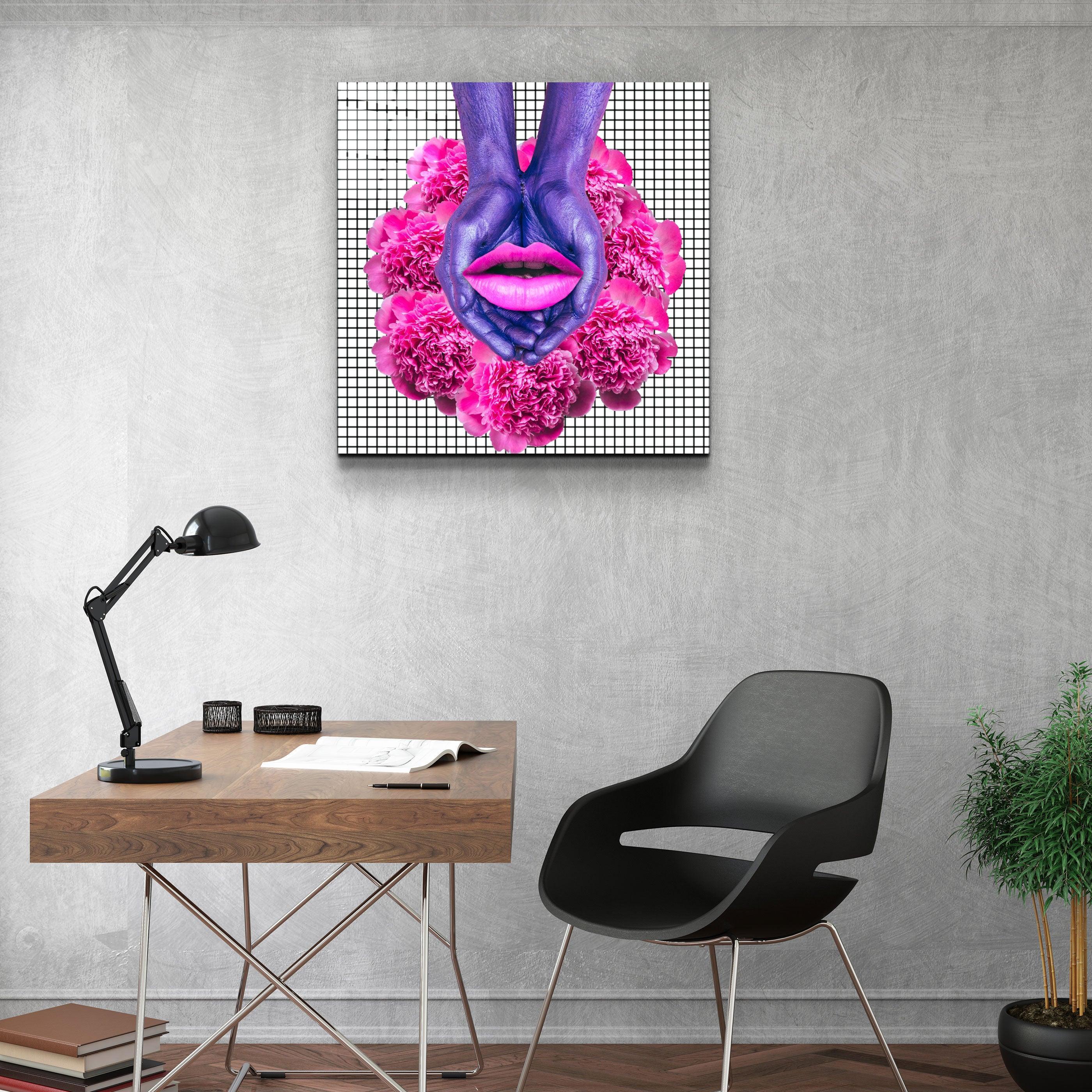 ・"Pink Flowers and Lips"・Glass Wall Art - ArtDesigna Glass Printing Wall Art