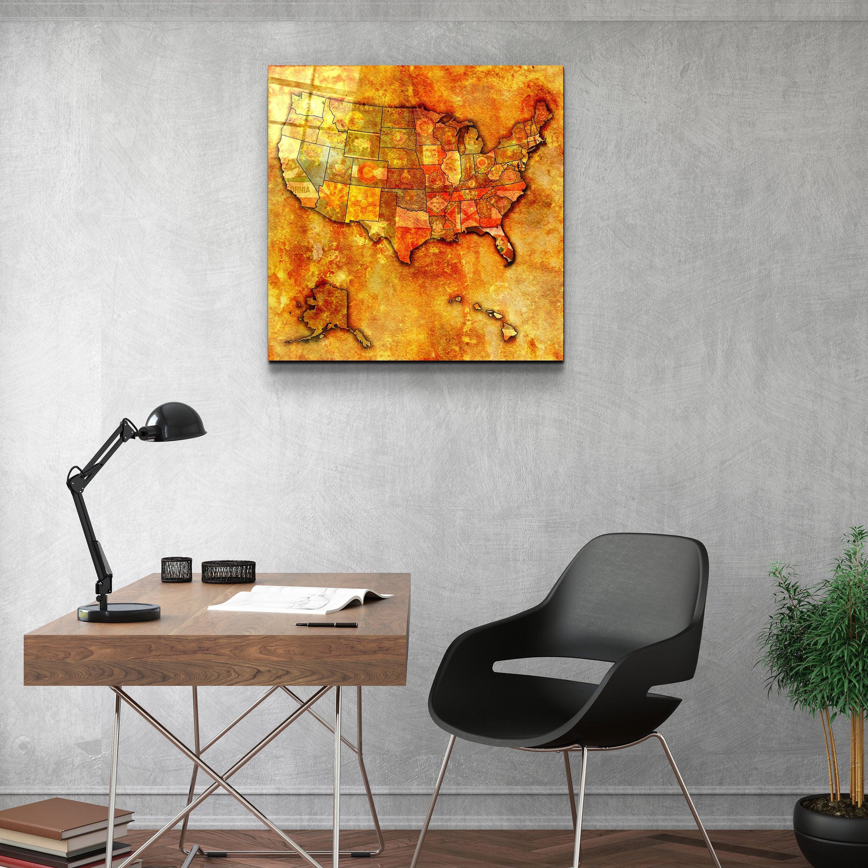 Vintage US Florida map glass wall art by Artdesigna featuring detailed geographical design on clear glass surface.