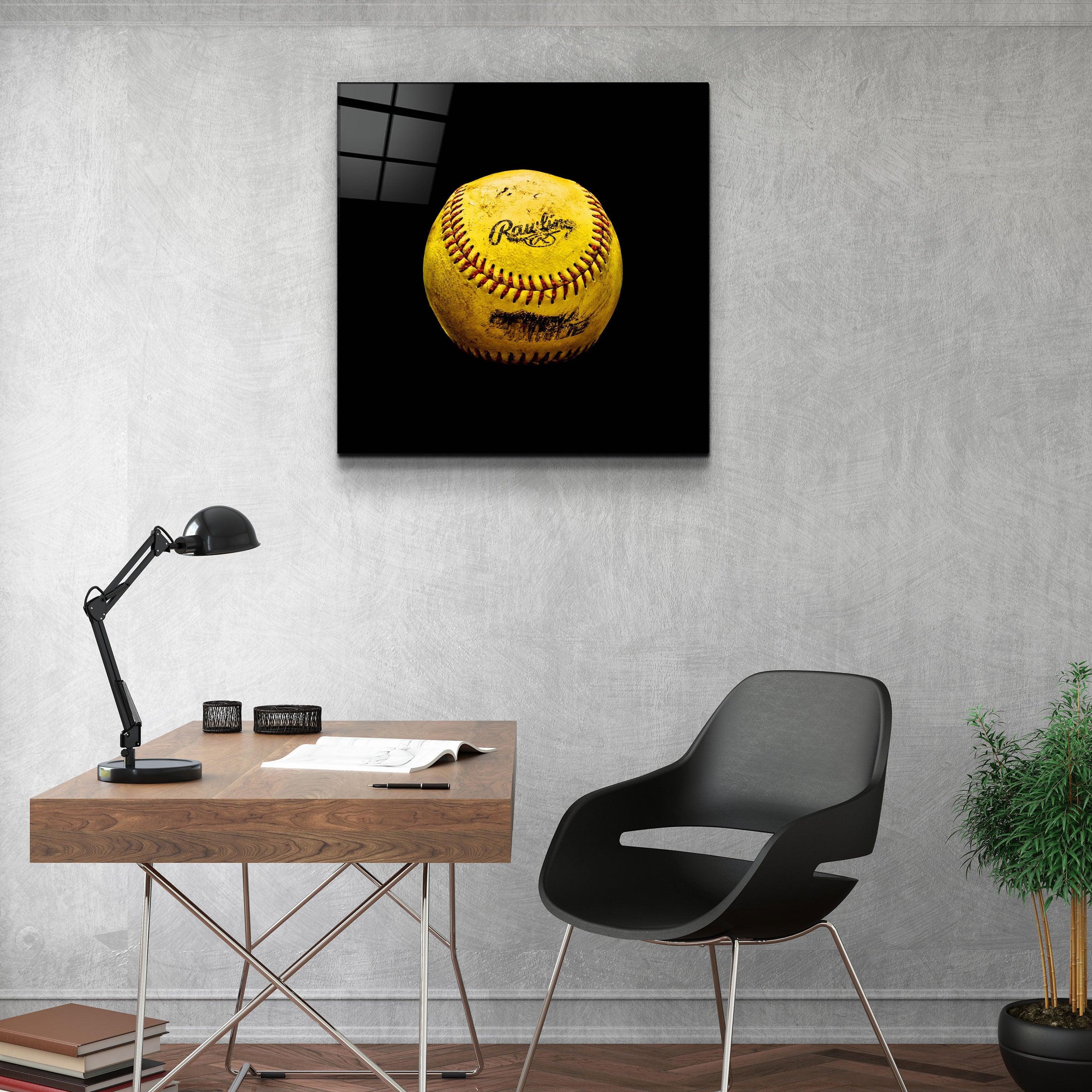 Recolored Designs baseball glass wall art by Artdesigna featuring vibrant, colorful artwork on a clear glass panel.