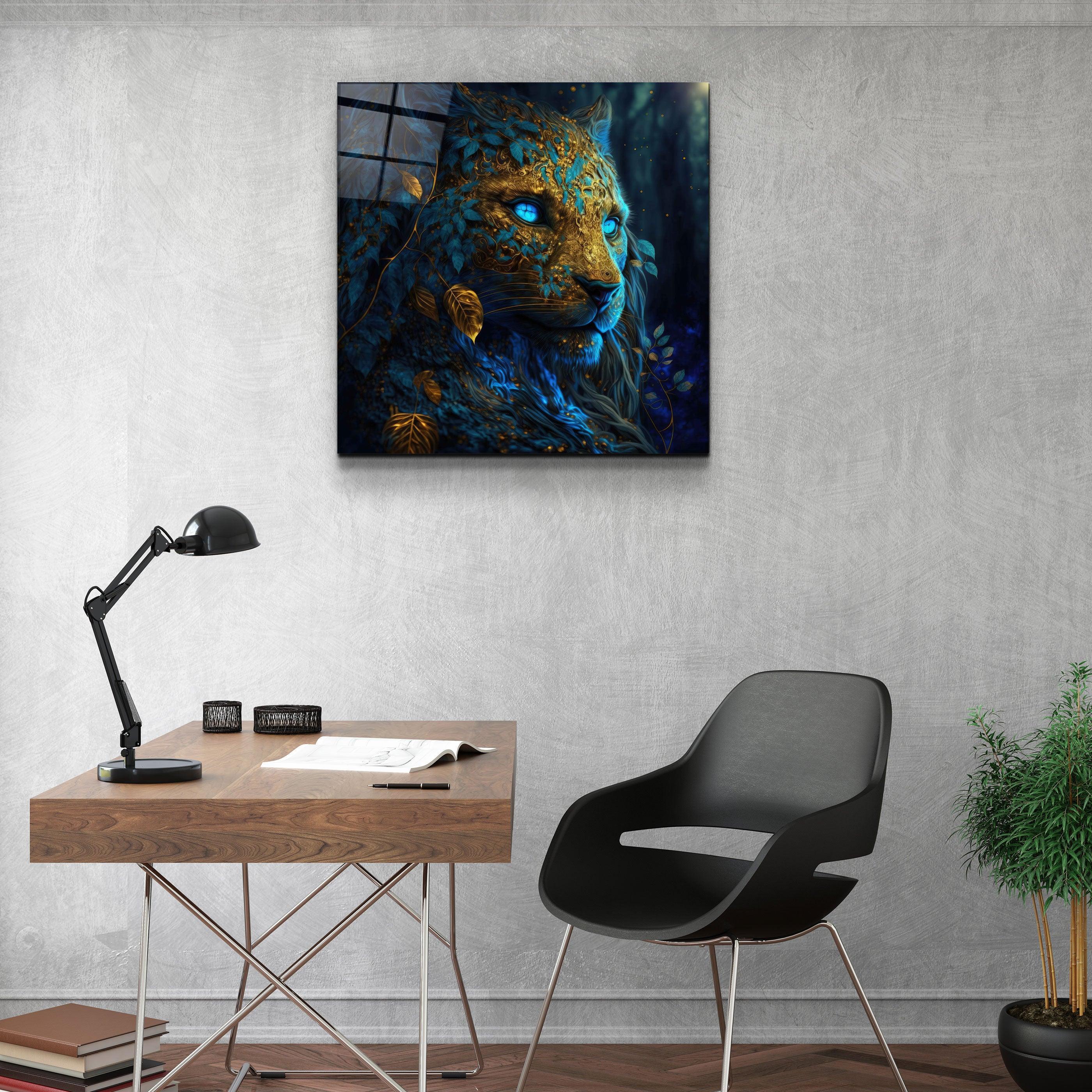 ."Majestic Blue-Eyed Leopard". Secret World Collection Glass Wall Art - ArtDesigna Glass Printing Wall Art