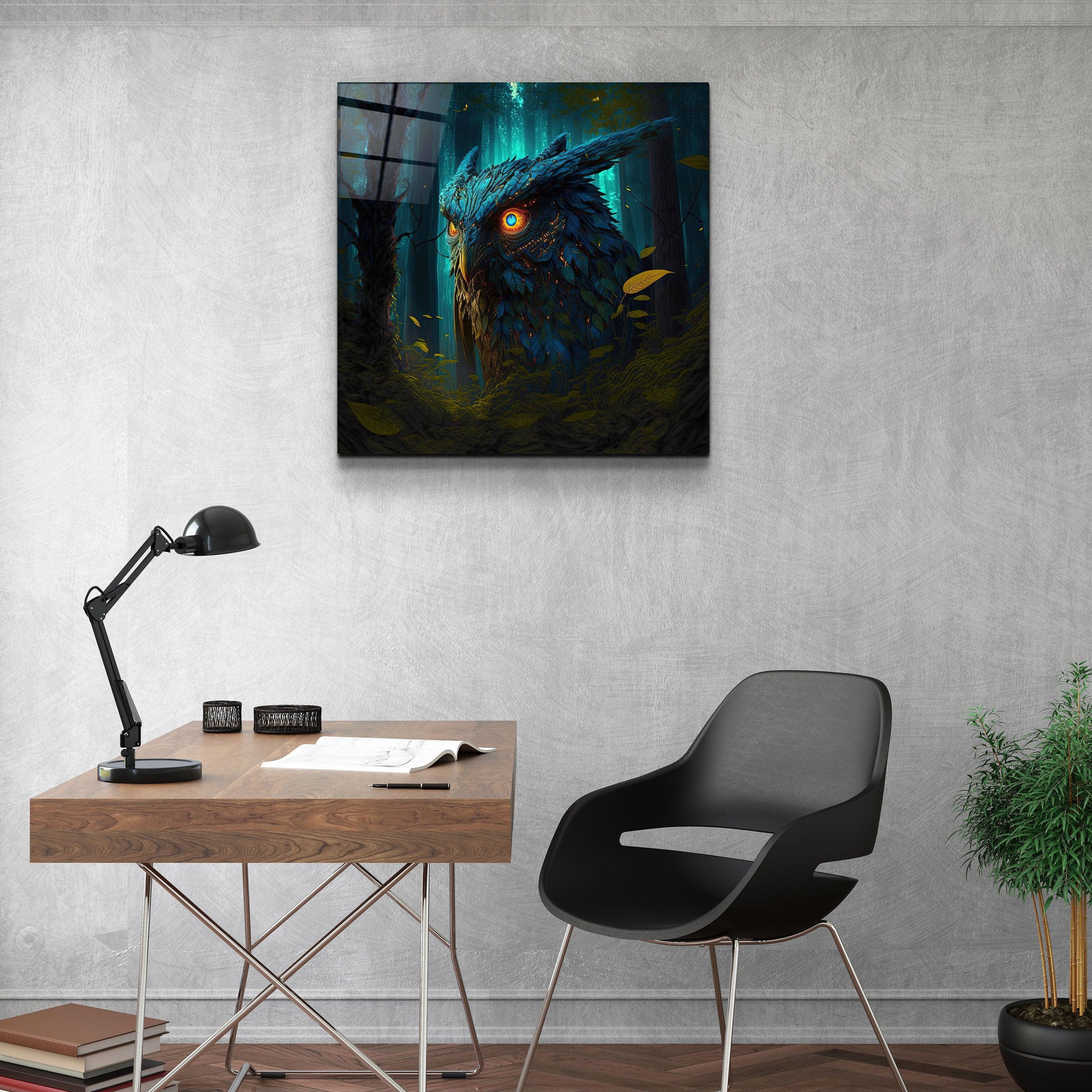 ."Blazing Blue Owl". Secret World Collection Glass Wall Art - ArtDesigna Glass Printing Wall Art
