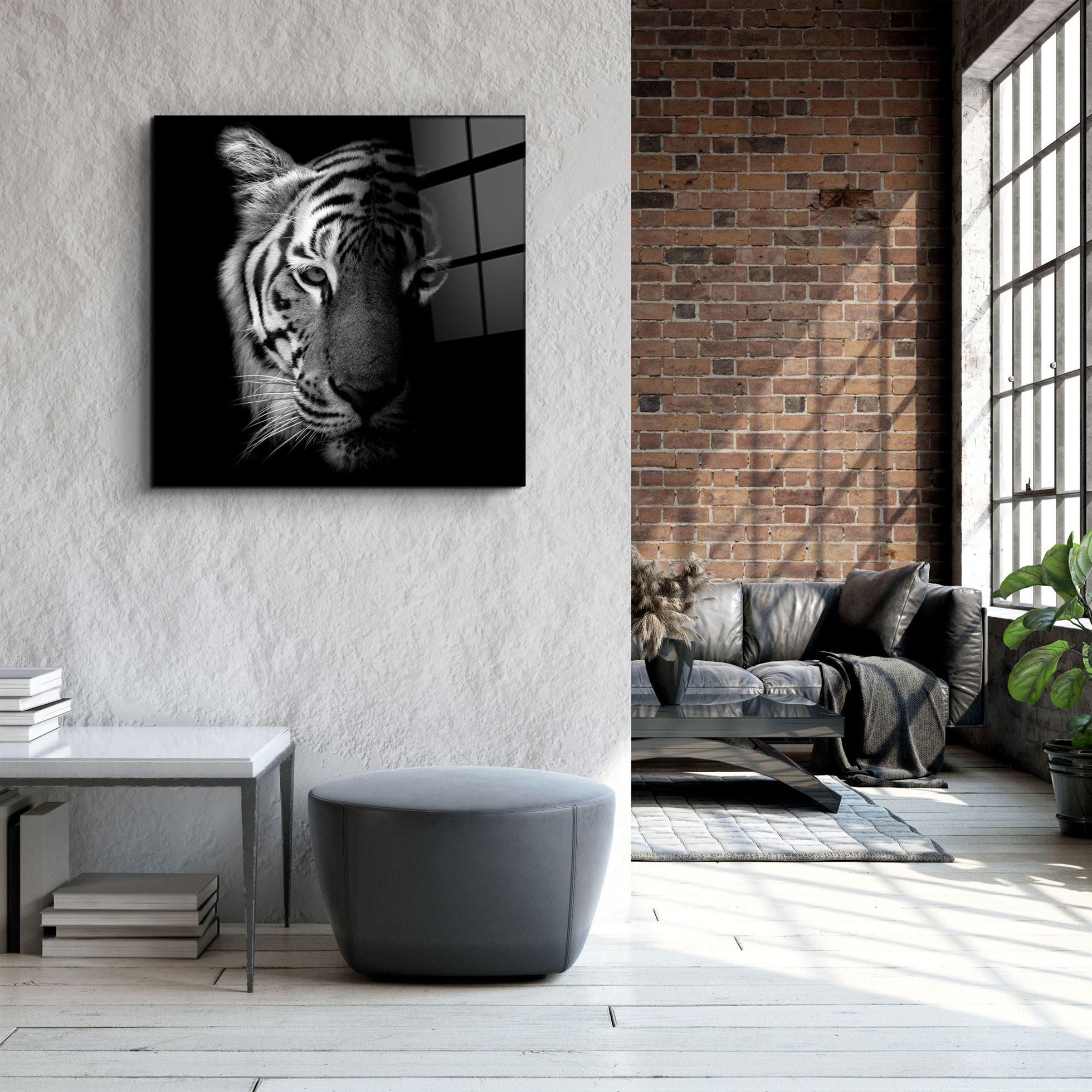 Tiger Black and White | Glass Wall Art - Artdesigna
