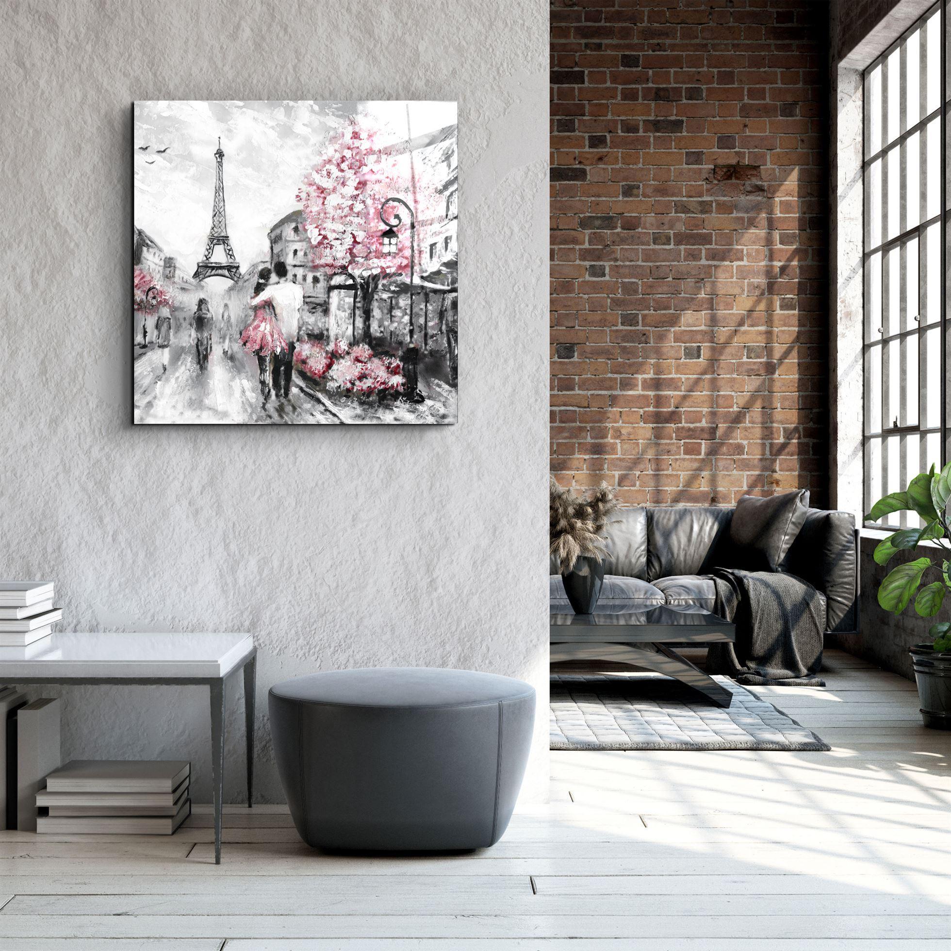 Pink Blossoms and Paris | Glass Wall Art - Artdesigna
